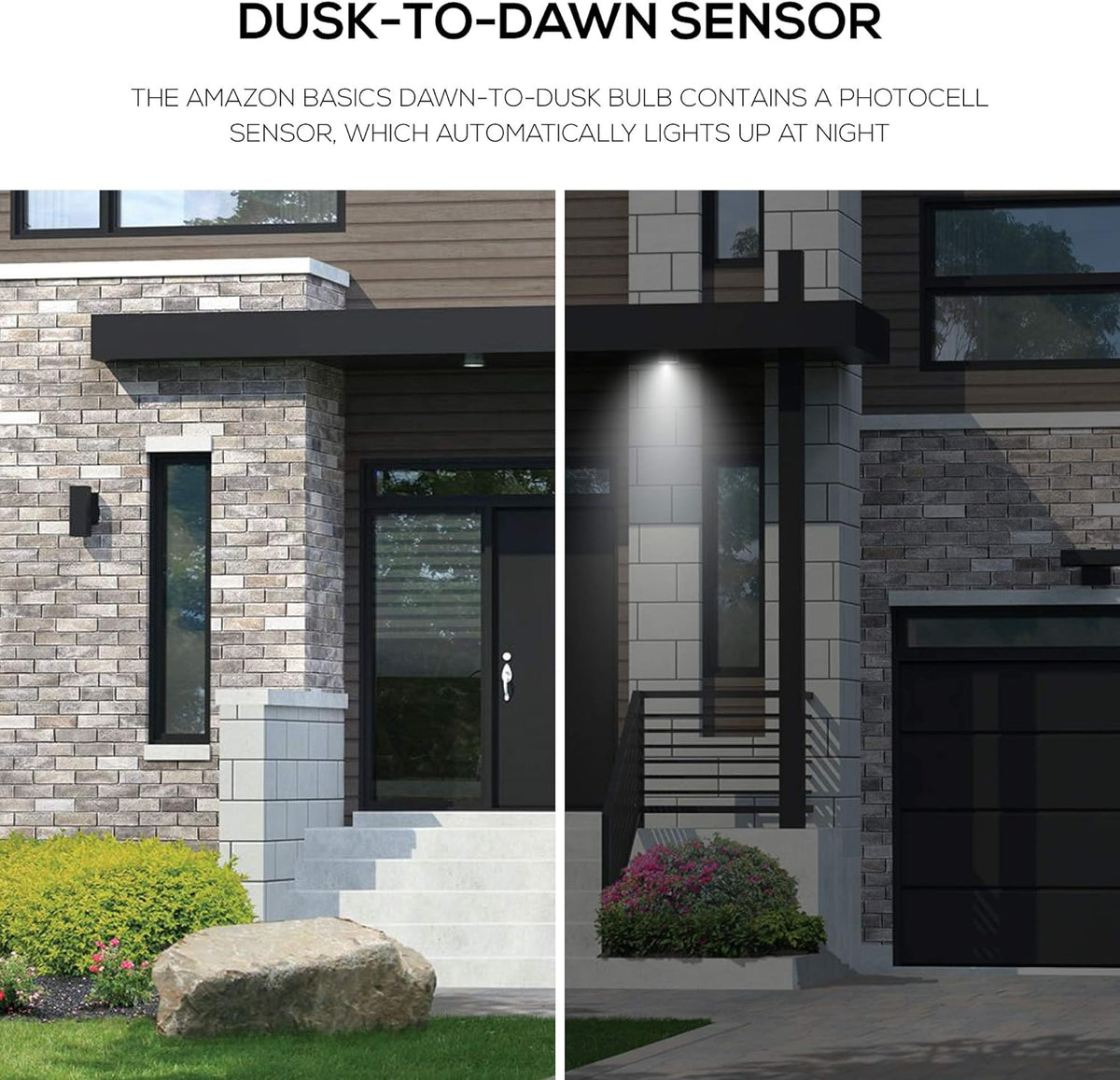 Amazon Basics A19 Dusk to Dawn Sensor LED Outdoor Light Bulbs, 60W Equivalent, Daylight 5000K, E26 Base, Auto On/Off, Porch, 10,000 Hours, 2-Pack
