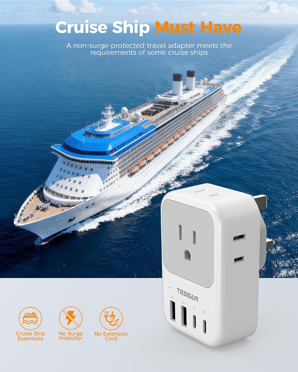 TESSAN Type G Adapter for Travel 2 Pack, PD 20W US to UK Plug Adapter | 4 AC Outlets, 4 USB Ports (2 USB C), Ireland Power Adaptor, USA to England London British Scotland Dubai Hong Kong Kenya