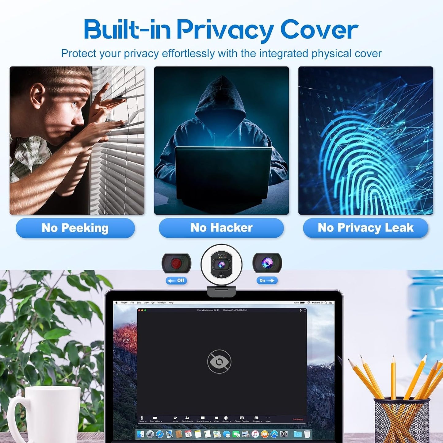 4K Webcam with Ring Light & Built-in Microphone for PC Streaming | PDAF Autofocus,Supports 1080P 60FPS, Comes with Privacy Cover, Compatible with Zoom, Skype, Google Meet, Laptop Desktop Mac