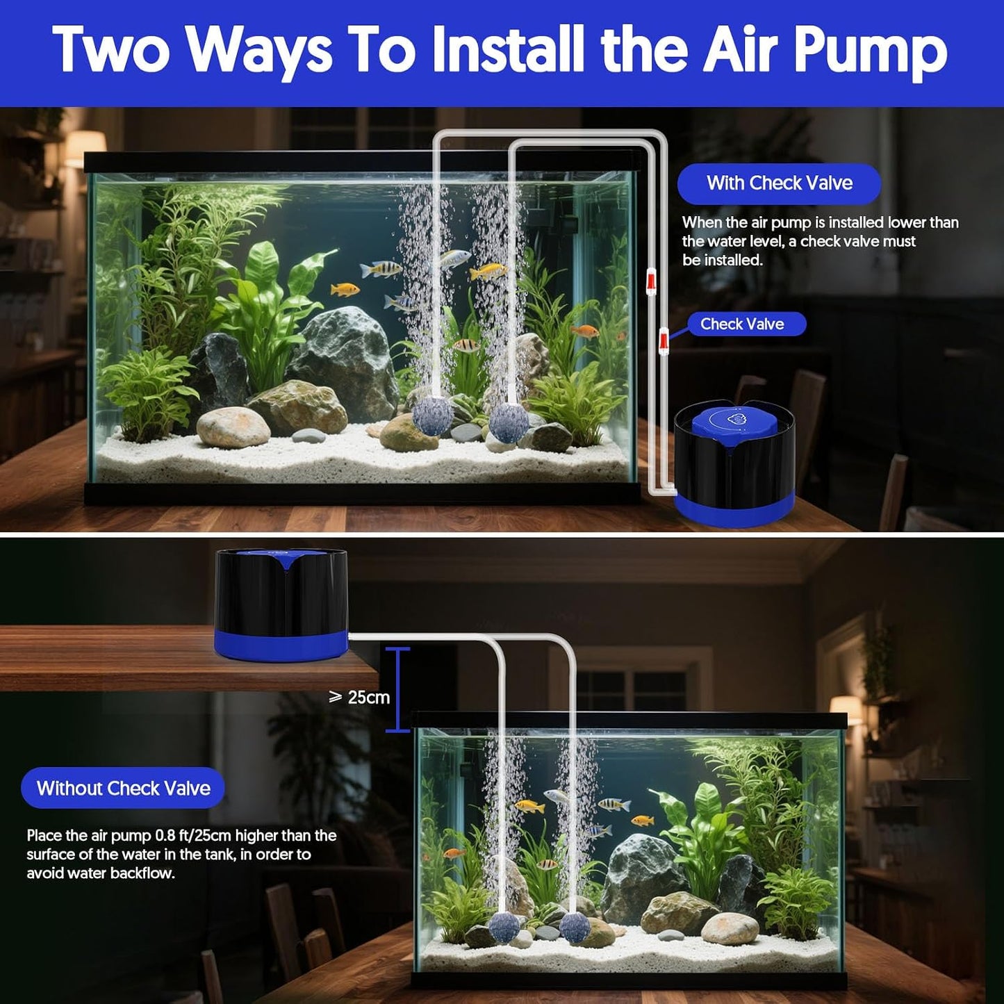 QZQ Aquarium Air Pump, Quiet Fish Tank Air Pump with Dual Outlets, 3W/5W Powerful Adjustable Oxygen Pump with Accessories, Aquarium Bubbler Aerator for Fish Tank Up to 80 Gallon (3W)