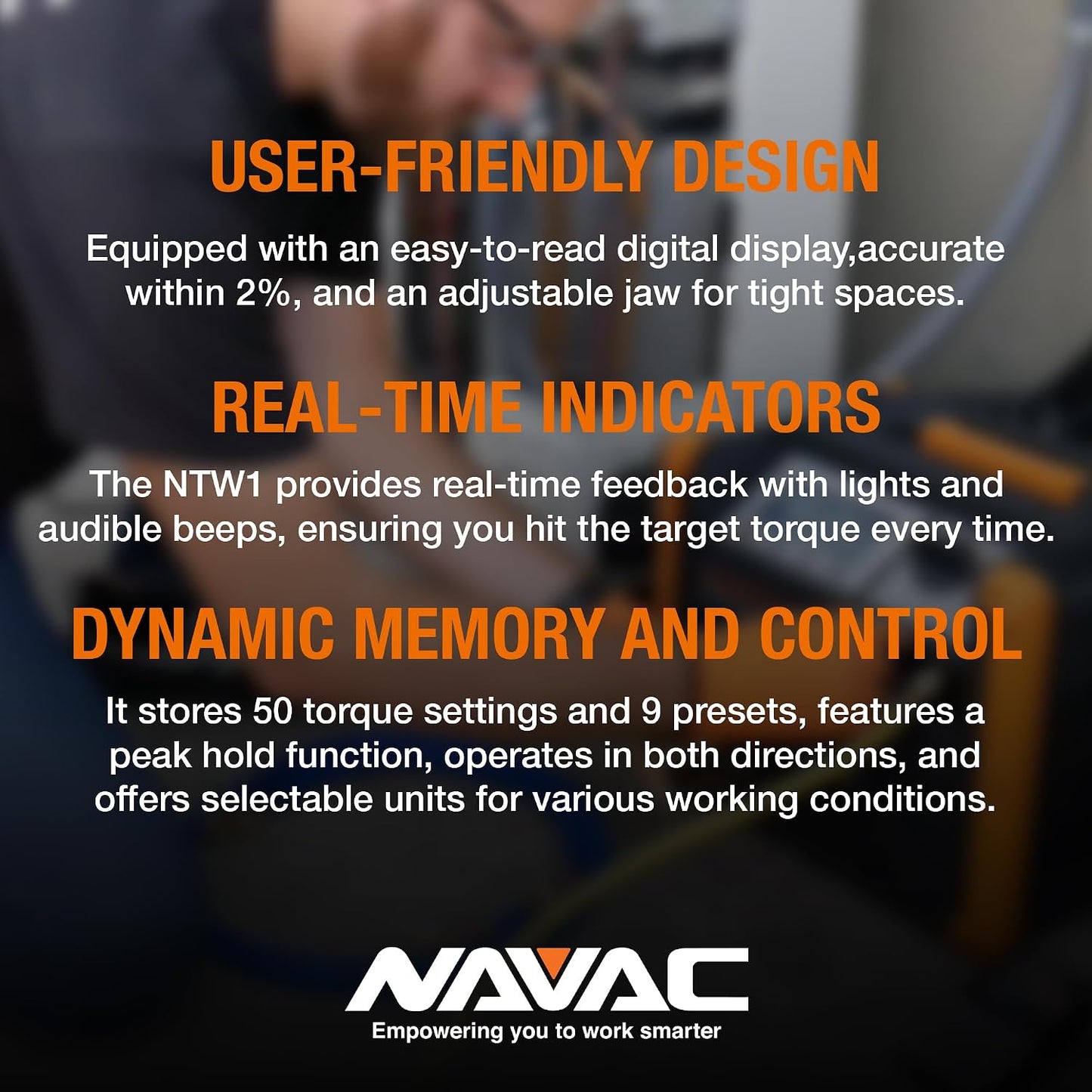 NAVAC NTW1 Digital Torque Wrench - Adjustable Jaw - Digital Readout - Torque Settings Memory - Dual Direction - Selectable Measuring Units - Indicator Lights and Sound - 1 Year Warranty