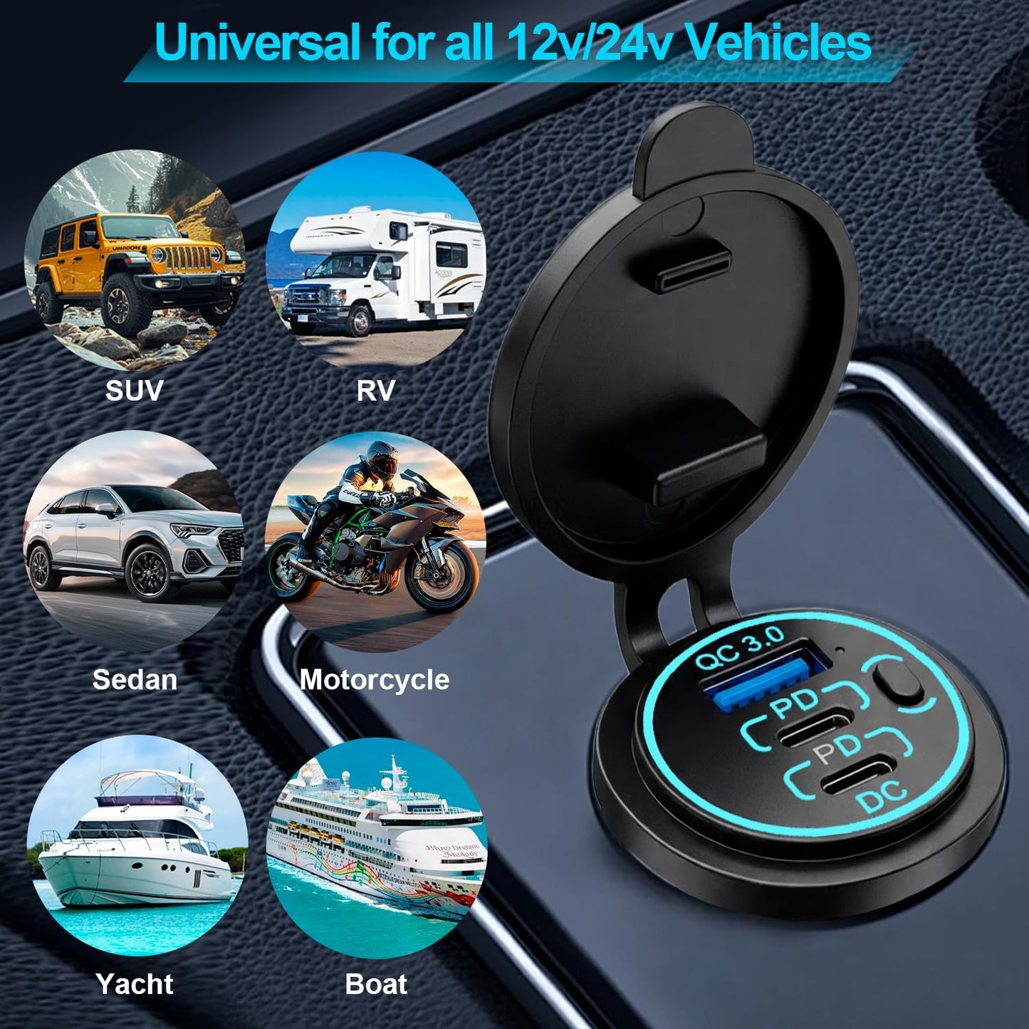 12v usb charger, PD 20W USB-C Power Socket and 18W QC3.0 Socket Waterproof Power Outlet 12V/24V with Power Switch 12V USB C Outlet for Car Golf Cart Boat Marine Bus Truck RV Marine Motorcycle etc.