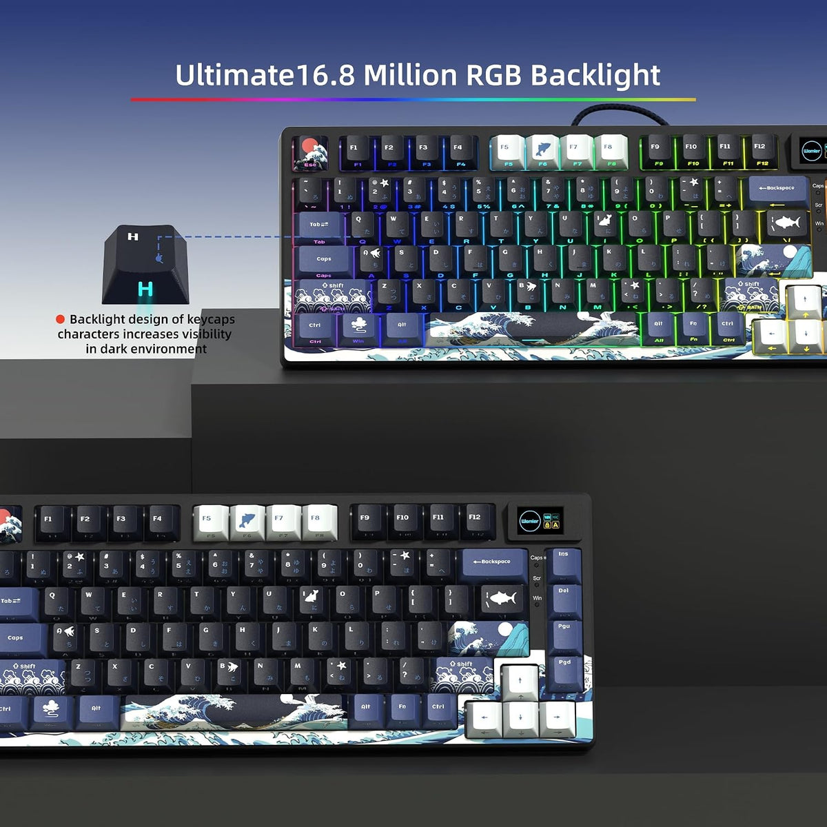 Womier SK80 75% Keyboard with Color Multimedia Display Gaming Keyboard | Creamy Sound Mechanical Wired Hot Swappable Gasket RGB Custom Key board, Pre-lubed Stabilizer for Mac/Win, Black Kanagawa