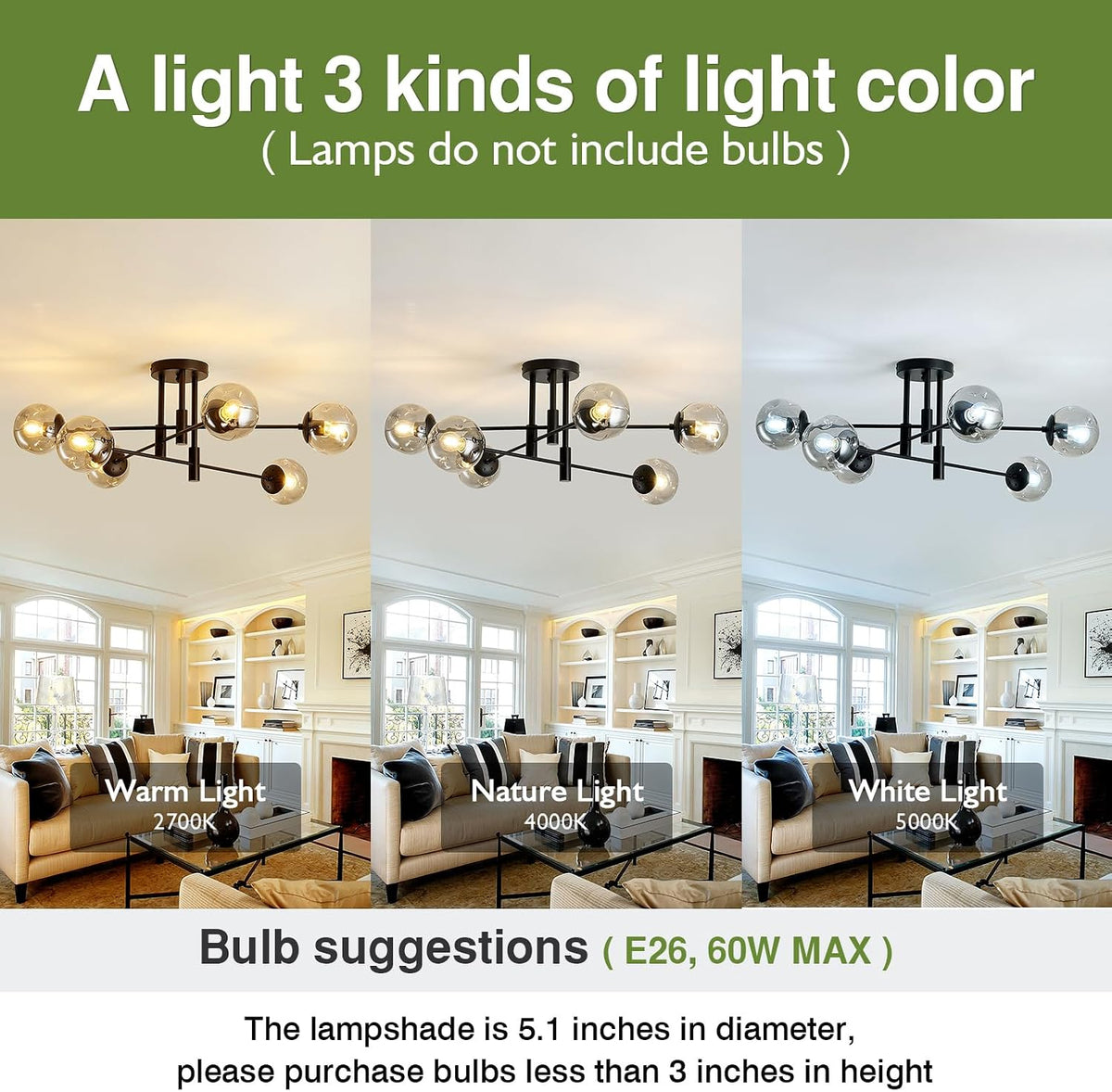 6-Lights Glass Globe Sputnik Chandelier Modern Flush Mount Ceiling Light Fixture Black Farmhouse Lighting for Dining Room Living Room Bedroom Kitchen Passageway.