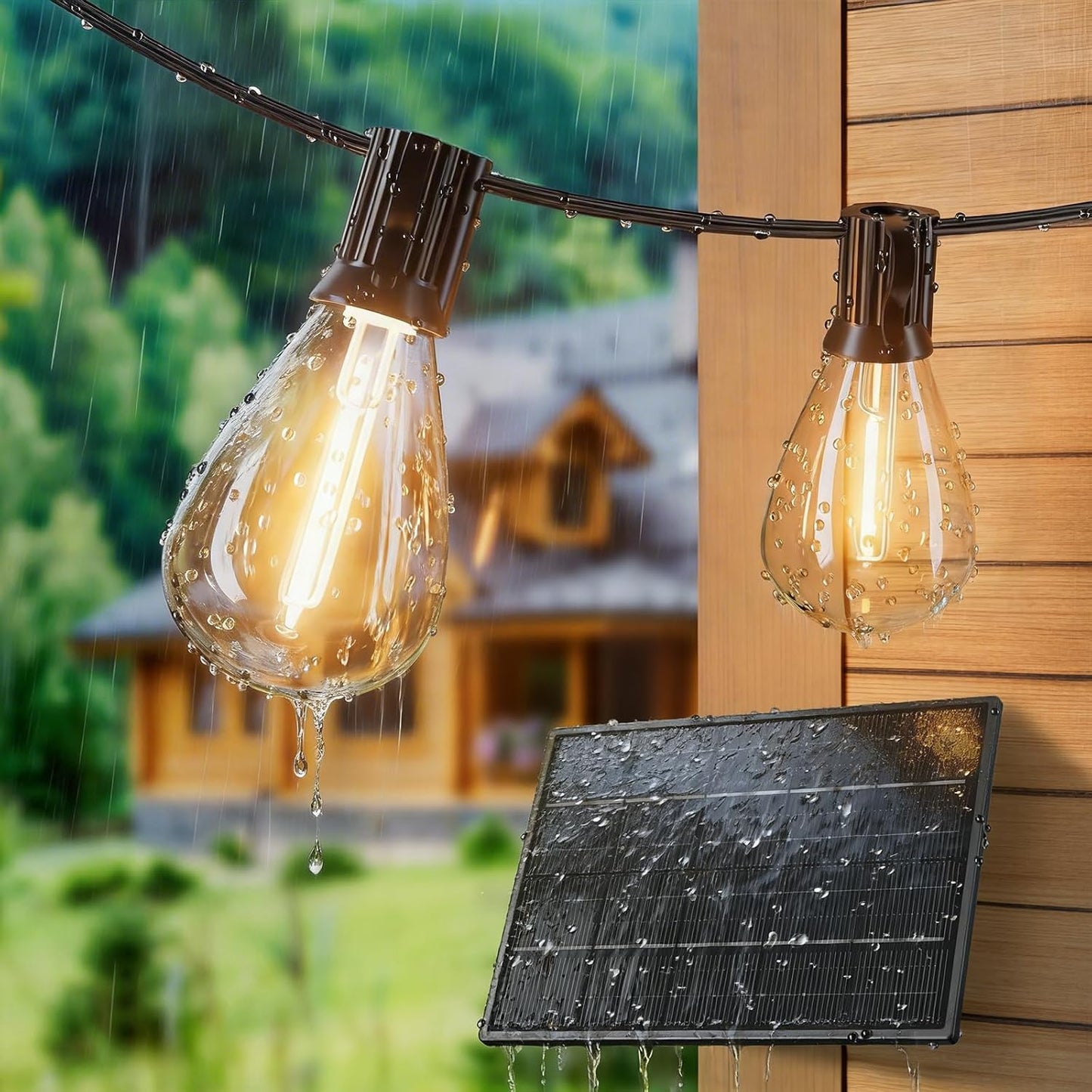 100FT Solar String Lights Outdoor Waterproof, 35+1 LED Shatterproof Bulbs Solar Powered with Remote & USB Port, 3 Light Modes Dimmable Patio Lights for Backyard, Garden, Camping