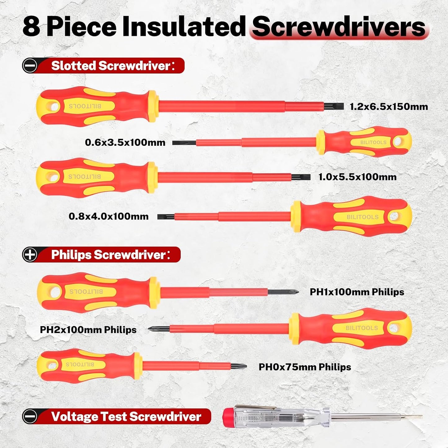 BILITOOLS 12-Piece 1000V VDE Insulated Screwdriver and Pliers Set | Magnetic Slotted and Phillips Tips, Insulated Long Nose, Combination, Diagonal and Water Pump Pliers, Voltage Tester
