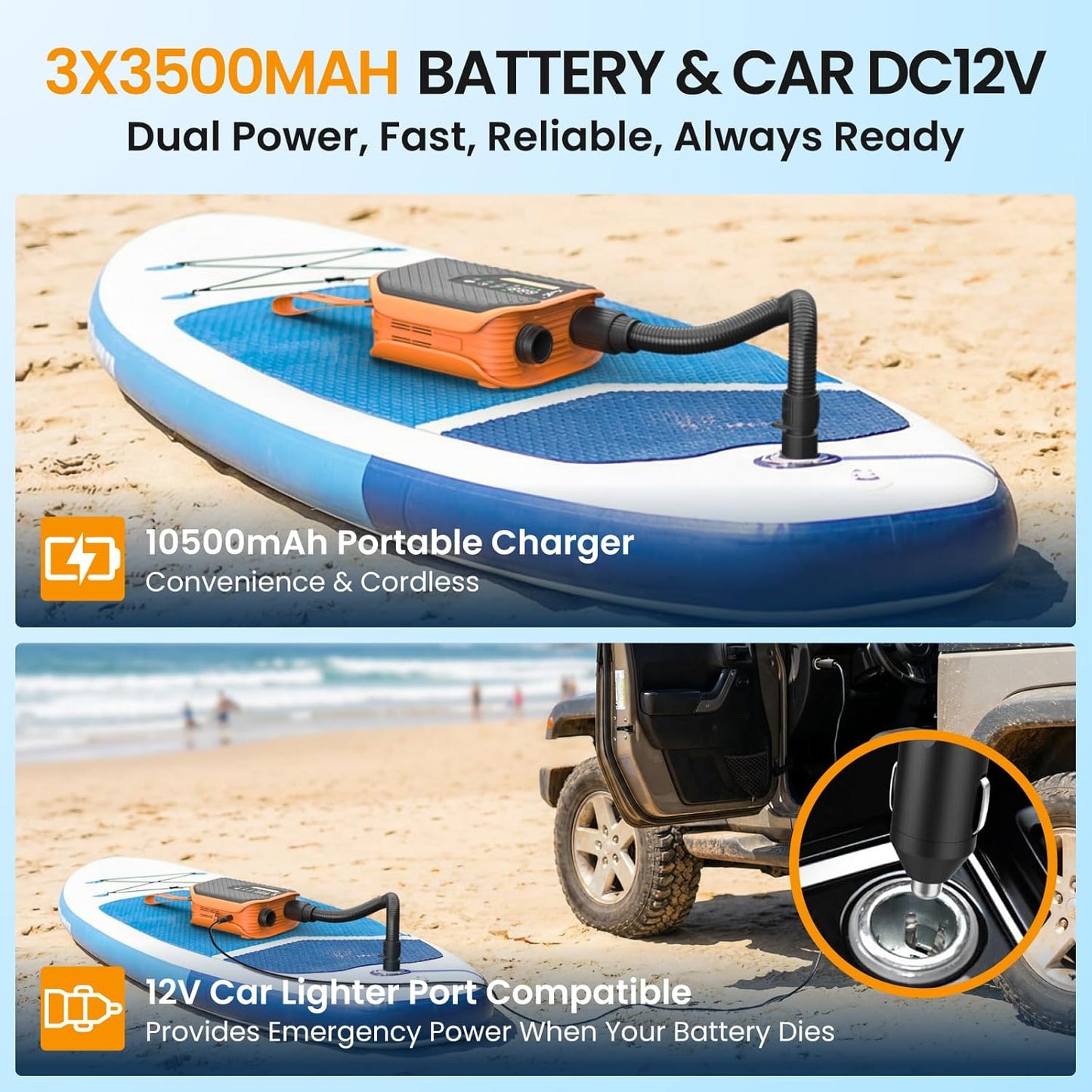 TowerTop Electric Paddle Board Pump: 10500mAh Rechargeable Car/SUP Pump, 50PSI Paddleboard Pump, 12V DC Dual Stage (Inflation & Deflation) with 8 Nozzles for Paddle Boards, Inflatables, Kayaks, Car