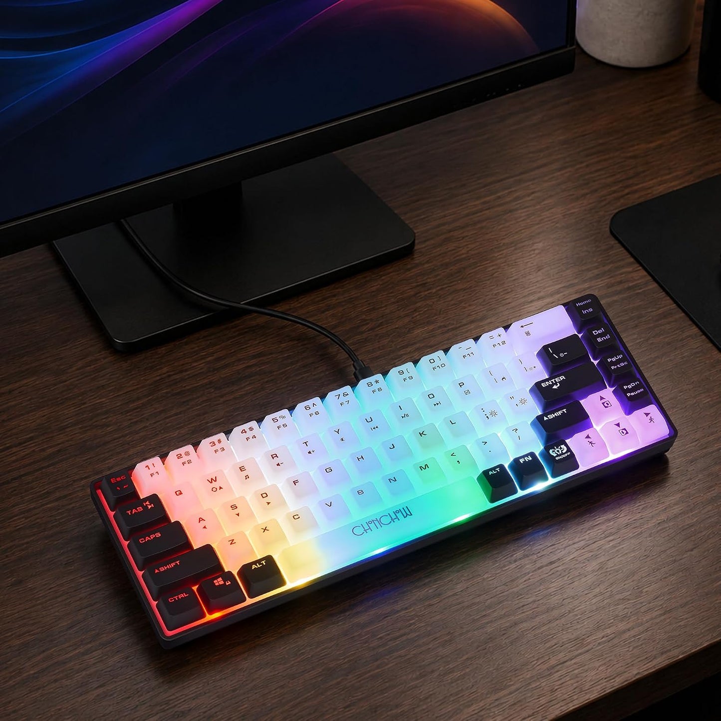 CHONCHOW Mini RGB 60% Gaming Keyboard, 68 Keys Small Compact | USB Wired Rainbow Light Up Backlit Gaming Keyboard for Xbox PS4 PS5 PC Laptop Gamer(White-Black)