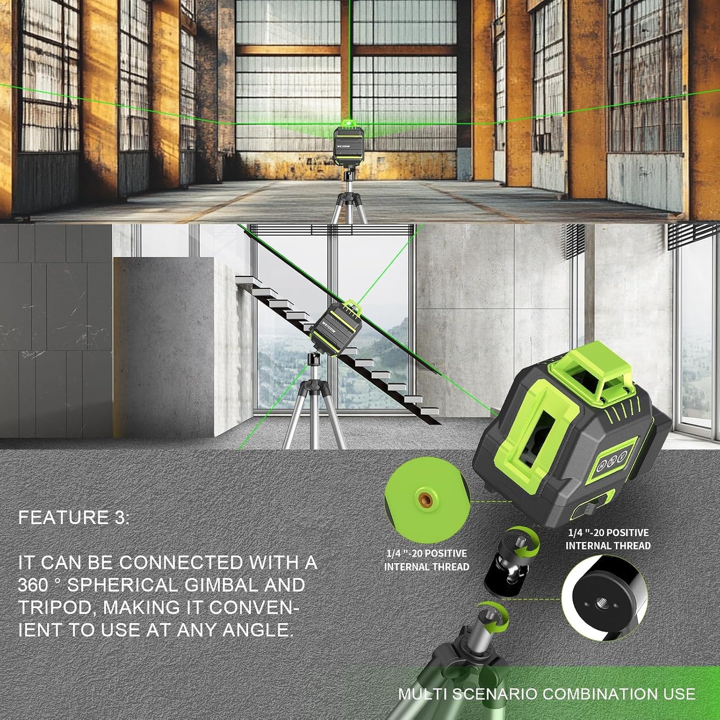 WEIDDW Laser Level 360° Green Cross Line Self Leveling Laser Measuring Tool