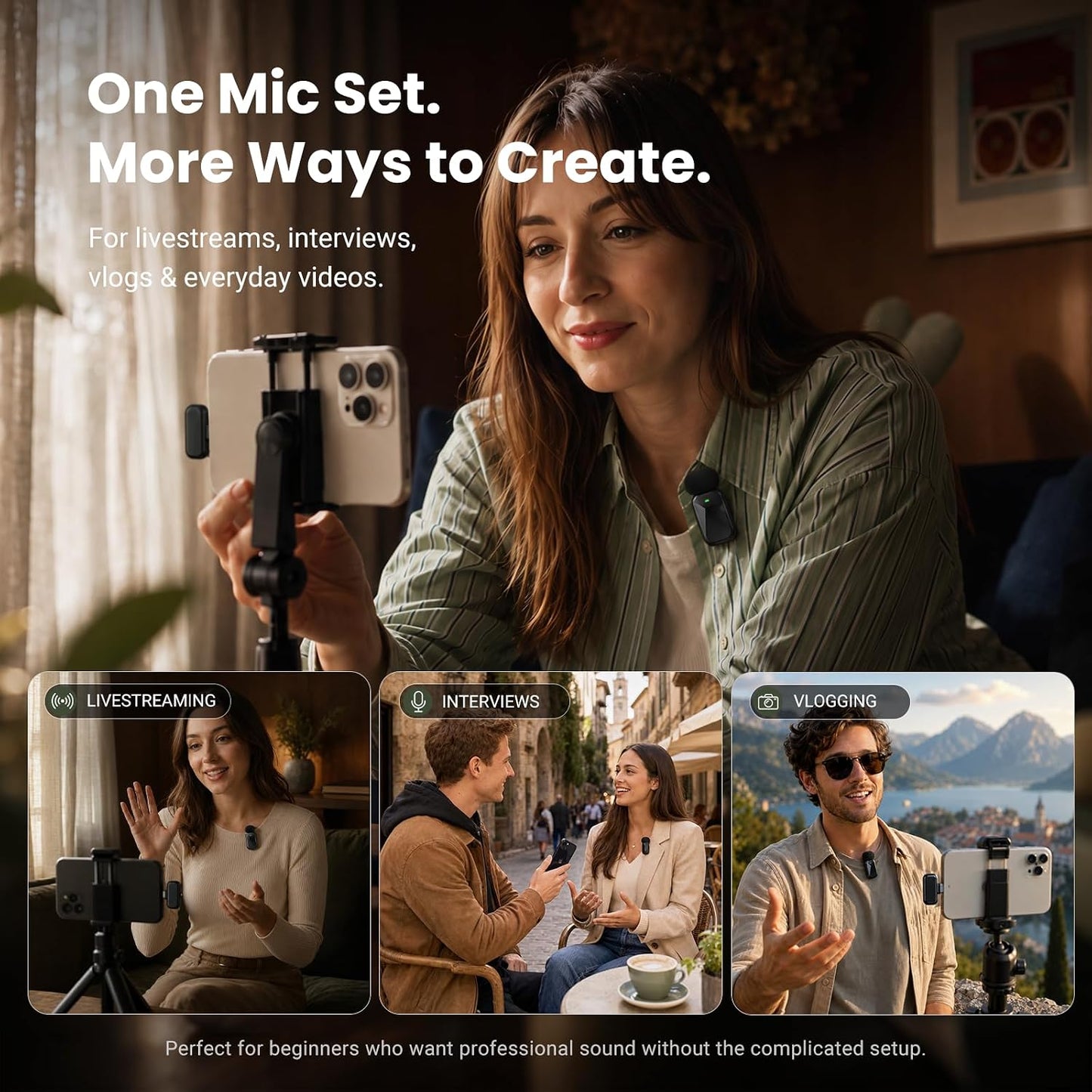 Mini Wireless Lavalier Microphone for iPhone Android Camera, Dual Channel Wireless Microphones with AI Noise Cancellation, 328ft Range, 36H Battery Case, Type-C, Lightning & USB Plug & Play