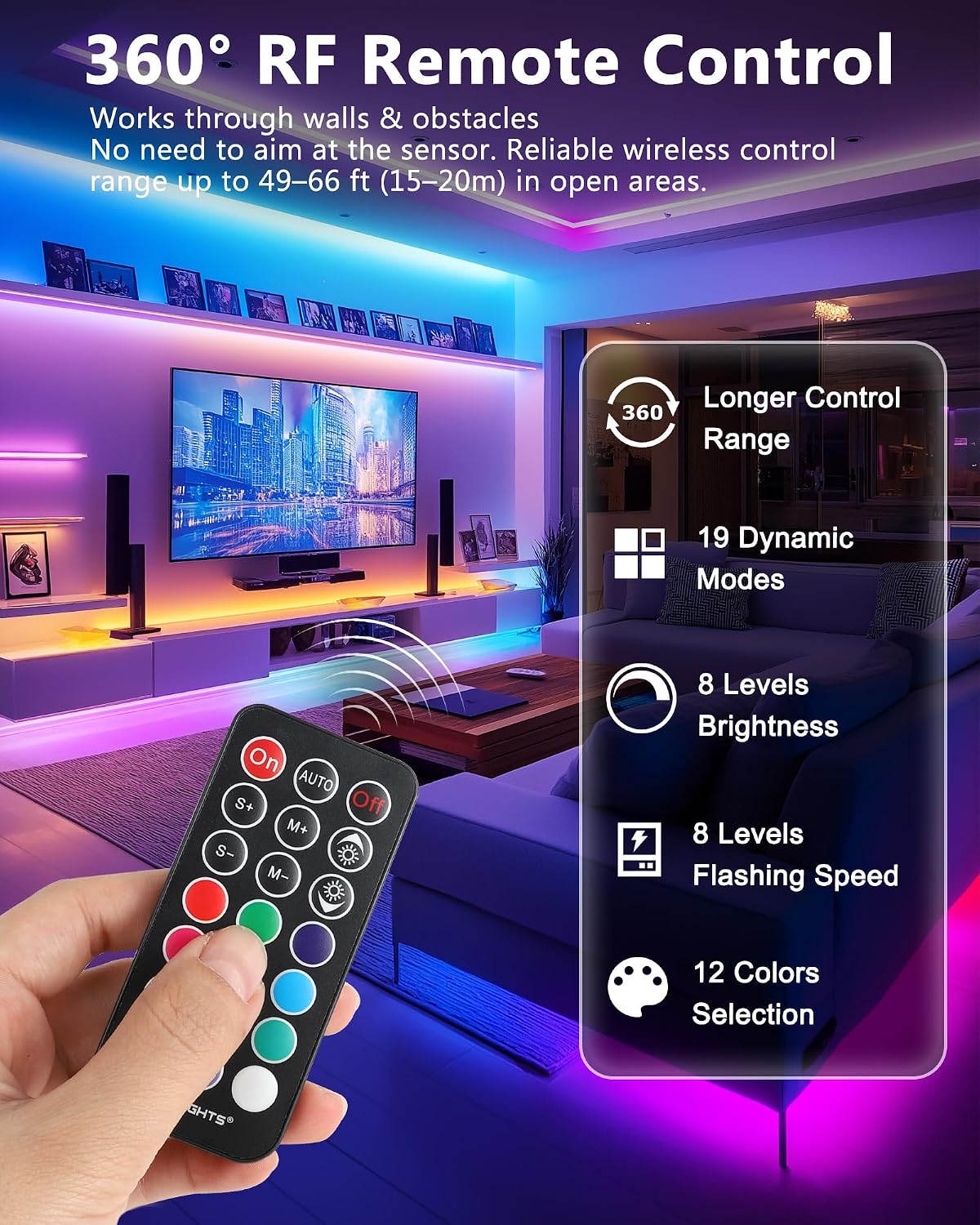 HitLights LED Strip Lights Kit, RGB Color Changing Tape Light Pre-Cut 4FT | UL Listed with RF Remote 12V Power Supply Connectors, Dimmable 12 Colors 19 Dynamic Modes for Cabinet Shelf Display Backlight