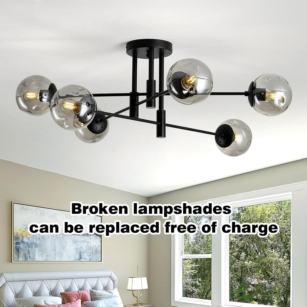 6-Lights Glass Globe Sputnik Chandelier Modern Flush Mount Ceiling Light Fixture Black Farmhouse Lighting for Dining Room Living Room Bedroom Kitchen Passageway.