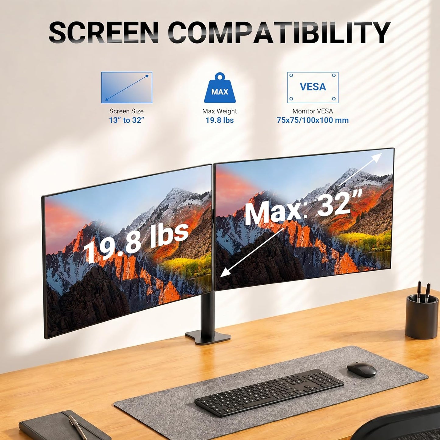 GRIFEMA Monitor Mount for 13-32 in, Dual Monitor Arm, Up to 19.8 Lbs Each | Full Motion Adjustable Height, 360° Rotate, Tilt, Swivel, Easy Install, VESA 75/100 mm, Monitor Stand for Home Office Gaming