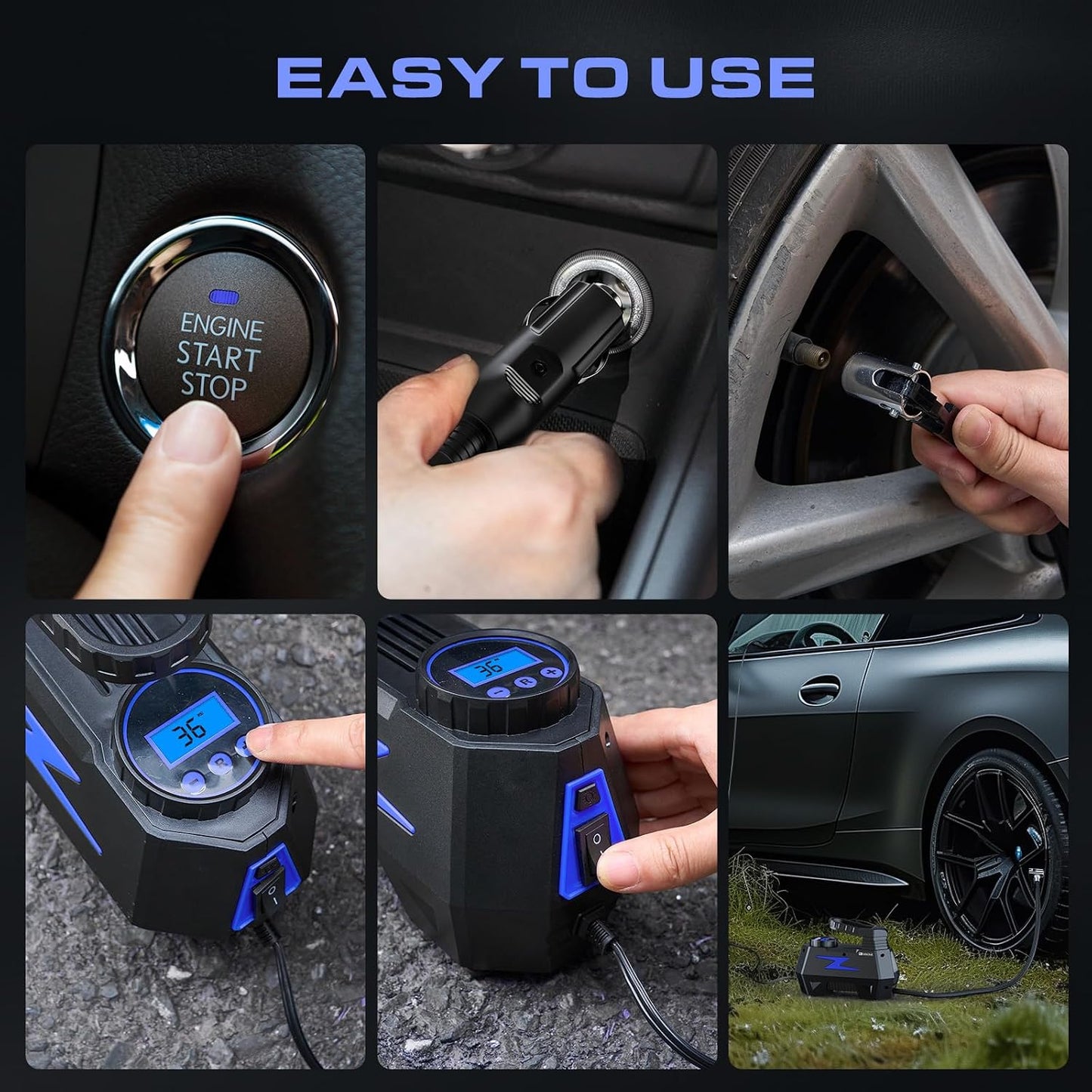 Tire Inflator Portable Air Compressor, 12V DC Car Air Pump with Auto Shutoff, 150 PSI Digital Gauge, LED Light, Metal Valve Connector, Accessories for Cars, Blue