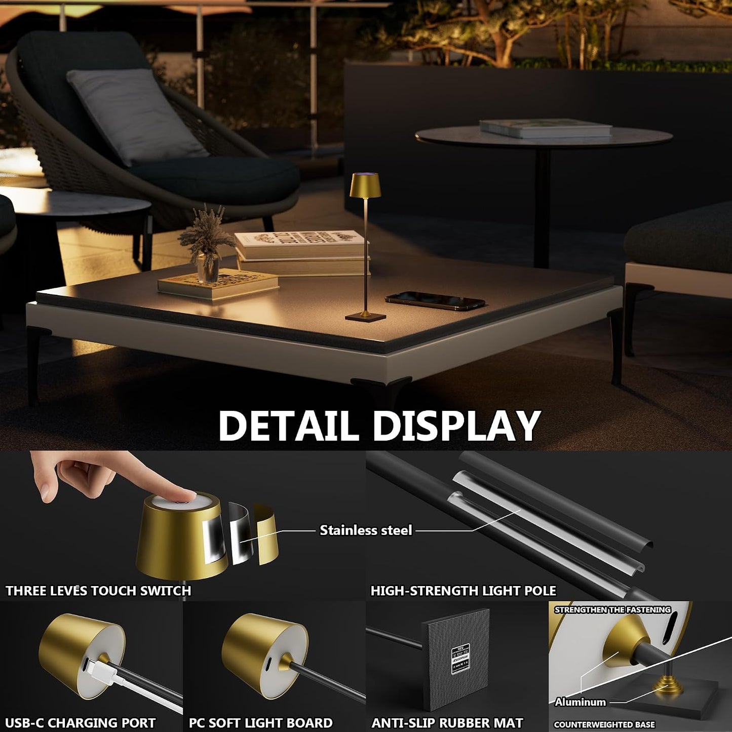 Timjorman Compact Cordless Table Lamp, Rechargeable LED Night Light, Dual Light Source (RGB Top & Warm Bottom), Touch Control & Timer, Metal Lamp for Bedroom & Kids Room (Antique Brass & Black)