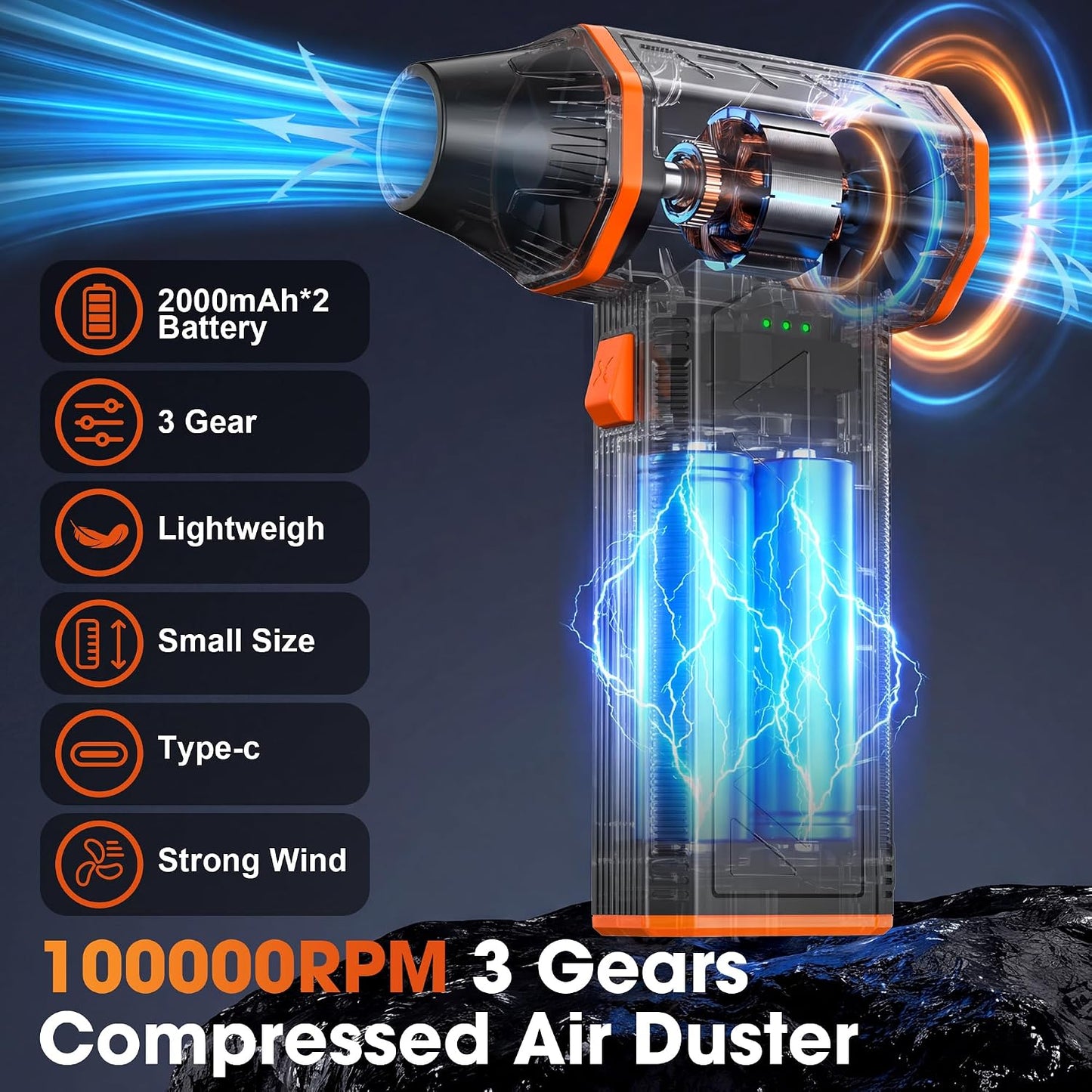 Compressed Air Duster, 3-Gear Adjustable, 100000RPM Electric Air Duster | Super Power Mini Blower, 4000mAh Rechargeable Battery, Fast Charging, Dust Remover for PC Keyboard/Outdoor/Car