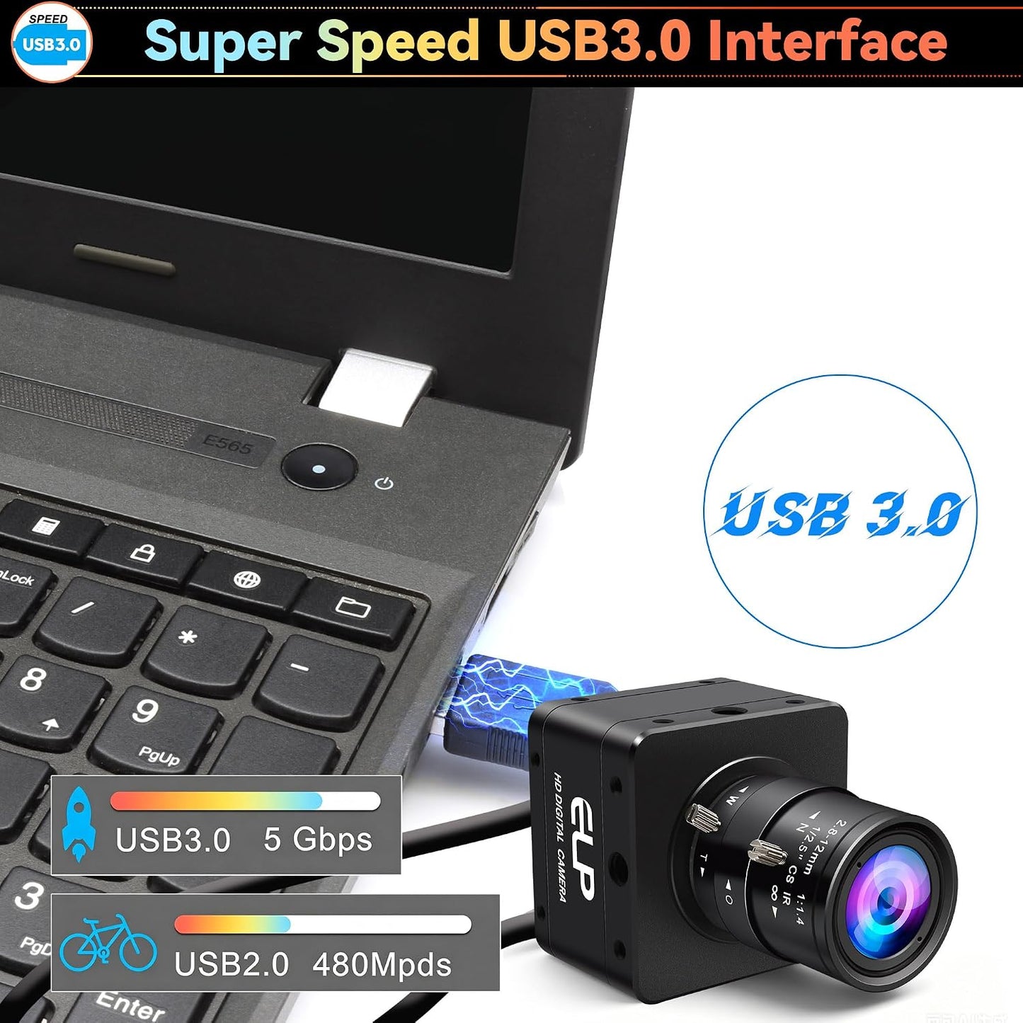 ELP High Speed Global Shutter USB3.0 Zoom Camera, 720P/200fps, 1200P/120fps, USB3.0/2.0 Manual Focus Lightburn Cameras for Windows, Linux, Mac, Pi, Fast Frame 2.8-12mm 4X Zoom AR0234 Webcam for PC