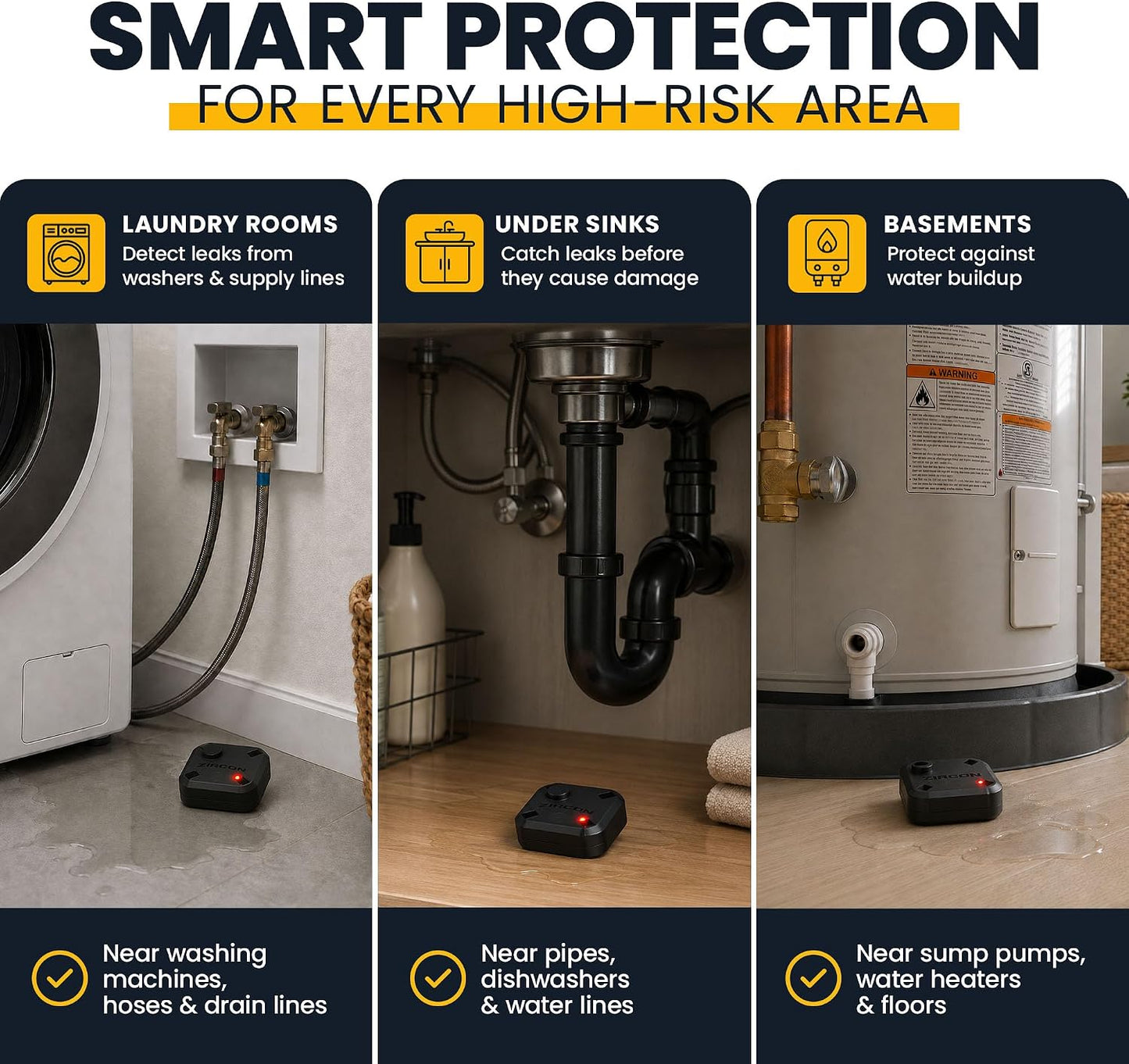 Zircon® Leak Alert 360™ Smart Water Leak Detector Kit, 2 Sensors, iOS Only | Smart water leak detection system with real-time mobile alerts for basements, kitchens and bathrooms, includes 2 sensors