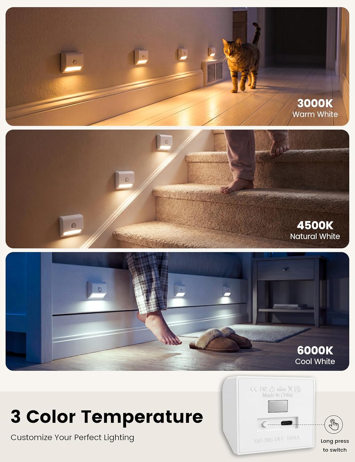 VOLISUN Rechargeable Motion Sensor Night Light, 3 Colors Temperature Stair Lights Indoor, Magnetic Portable Battery Night Light with Light Sensor for Hallway Bathroom Bedroom Closet White 3 Pack