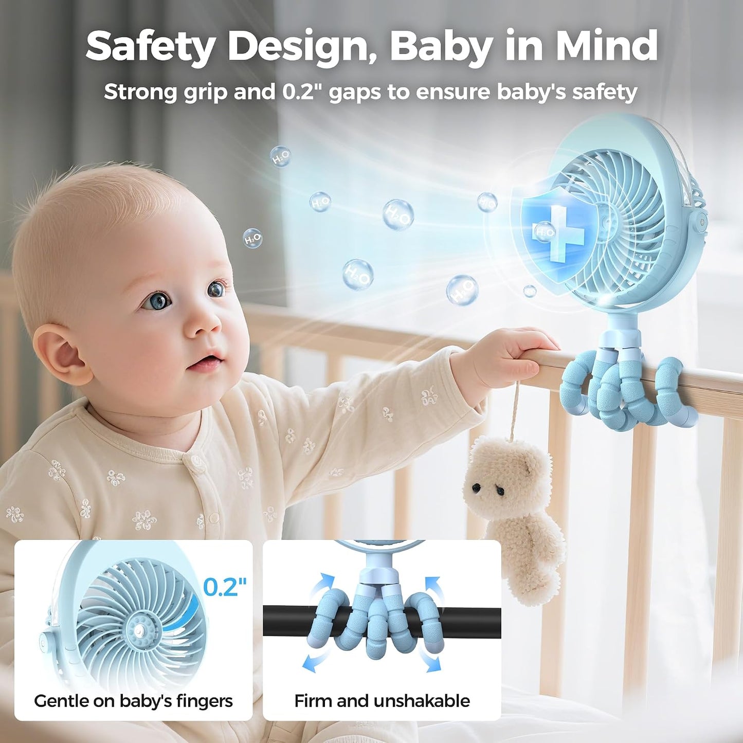 2026 Upgraded Misting Baby Stroller Fan Rechargeable, Flexible Tripod Clip for Car Seat Crib, Baby Shower Gifts & Baby Registry Search, Newborn Essentials for Beach Travel, Disney Summer Essentials