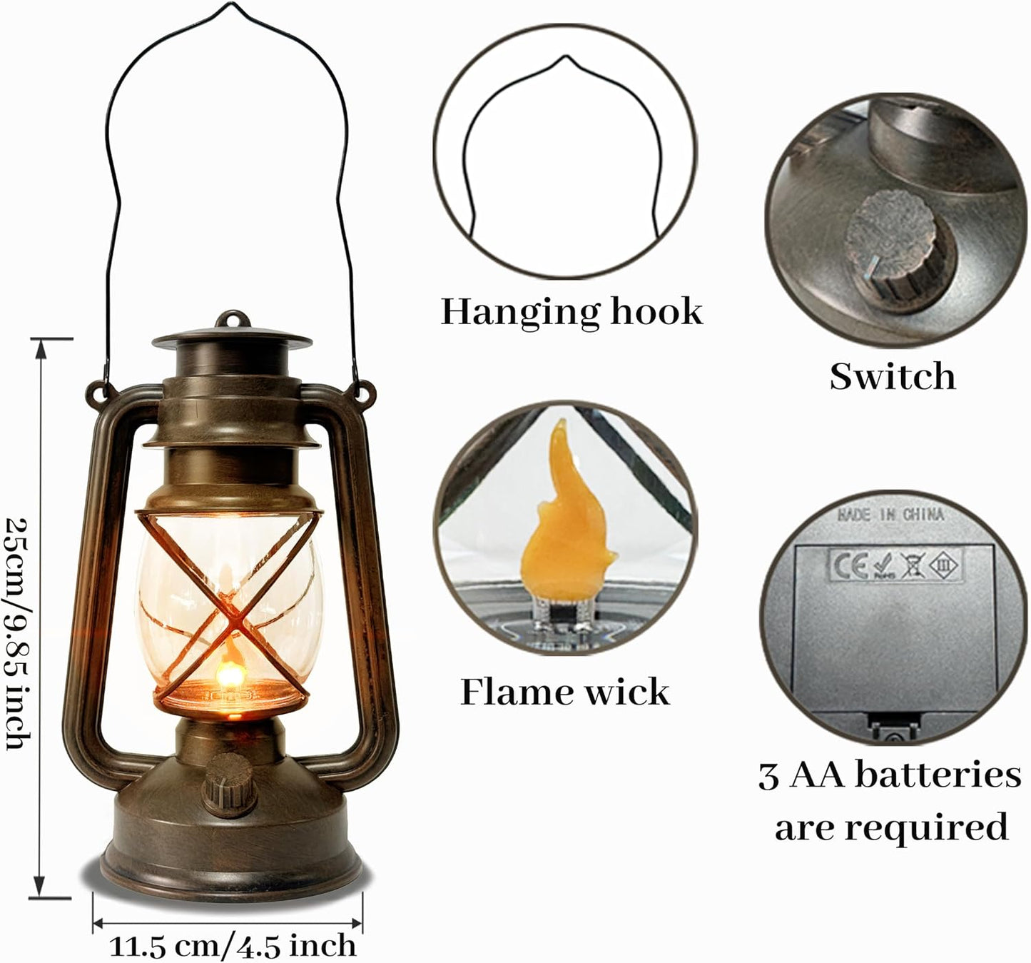Vintage Lantern LED Outdoor Battery Powered Lanterns with Dancing Flame Wick Waterproof Camping Lamp Non-Solar Hanging Lantern Lights Landscape Decor for Indoor/Outdoor Use- Bronze Color