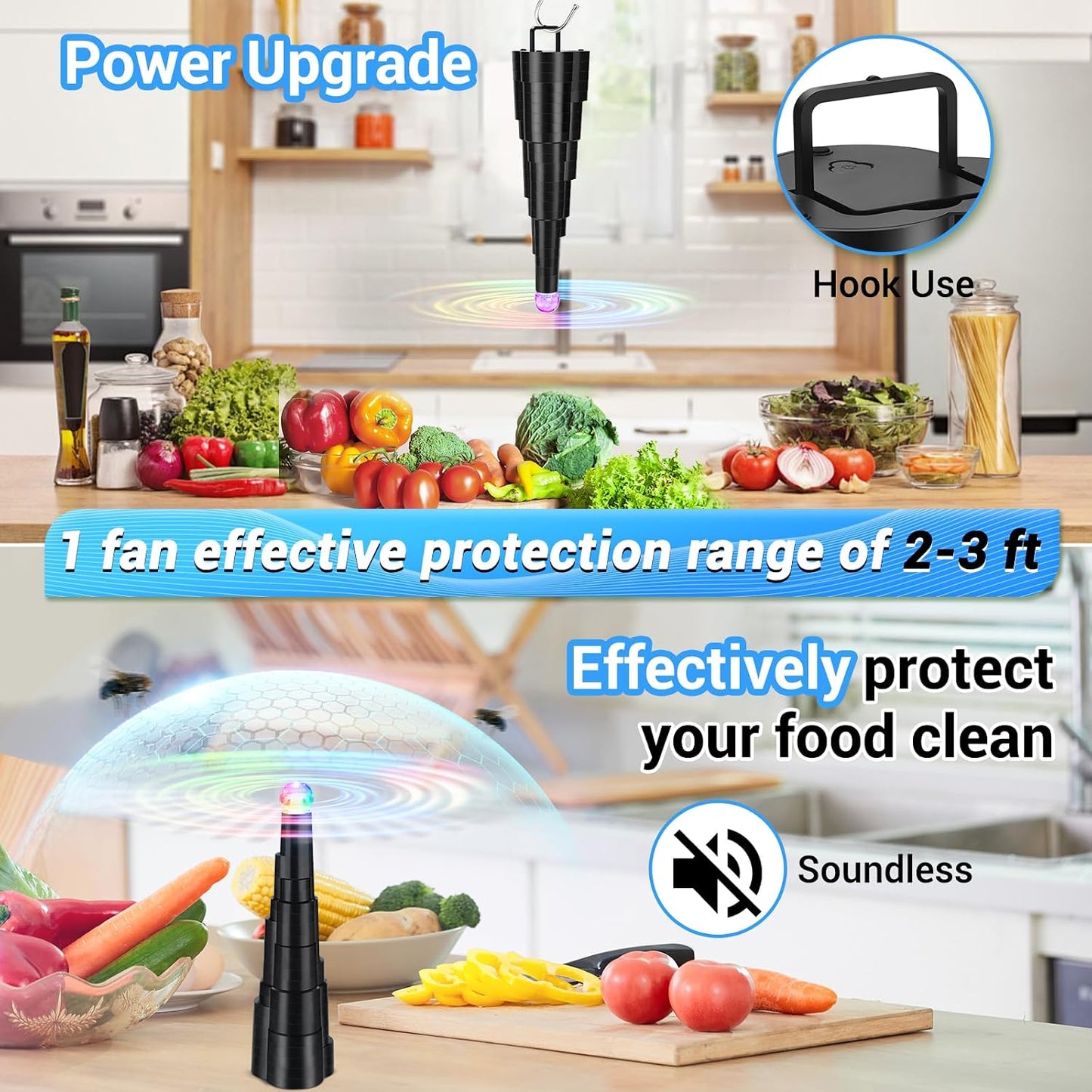 Fly Fans for Tables, Rechargeable Food Fans Outdoor&Indoor Dining, 4-Pack | Table Top Fly Fans, Soft Holographic Blades Table Fly Spinners, Picnic, BBQ, Party Use, Fly Swatter Fan Soundless, Cordless
