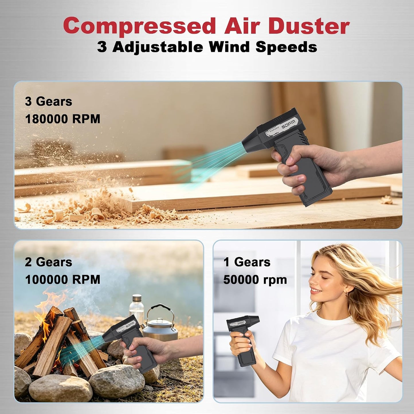Compressed Air Duster,180,000RPM High Speed brushless Motor Mini Blower | 3-speed adjustable electric air duster with multiple nozzles , for cleaning car, keyboard, computer, home and outdoor.