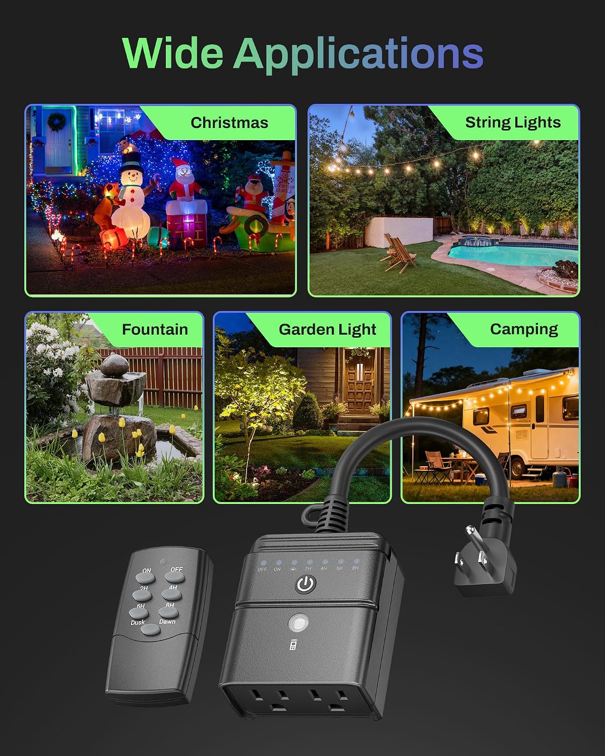 BN-LINK Outdoor Timer for Lights, 100FT Remote Control