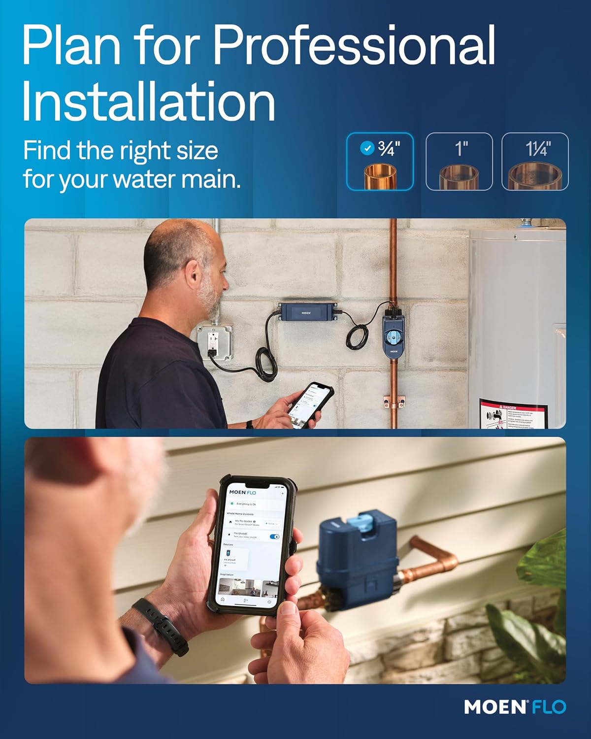 Moen Flo Shutoff, Automatic Water Leak Detector & Shutoff, 3/4" | Automatic Shutoff, Leak Detection, MicroLeak Tests, Monitors Flow, Pressure, Moisture, and Temperature, WiFi App Control
