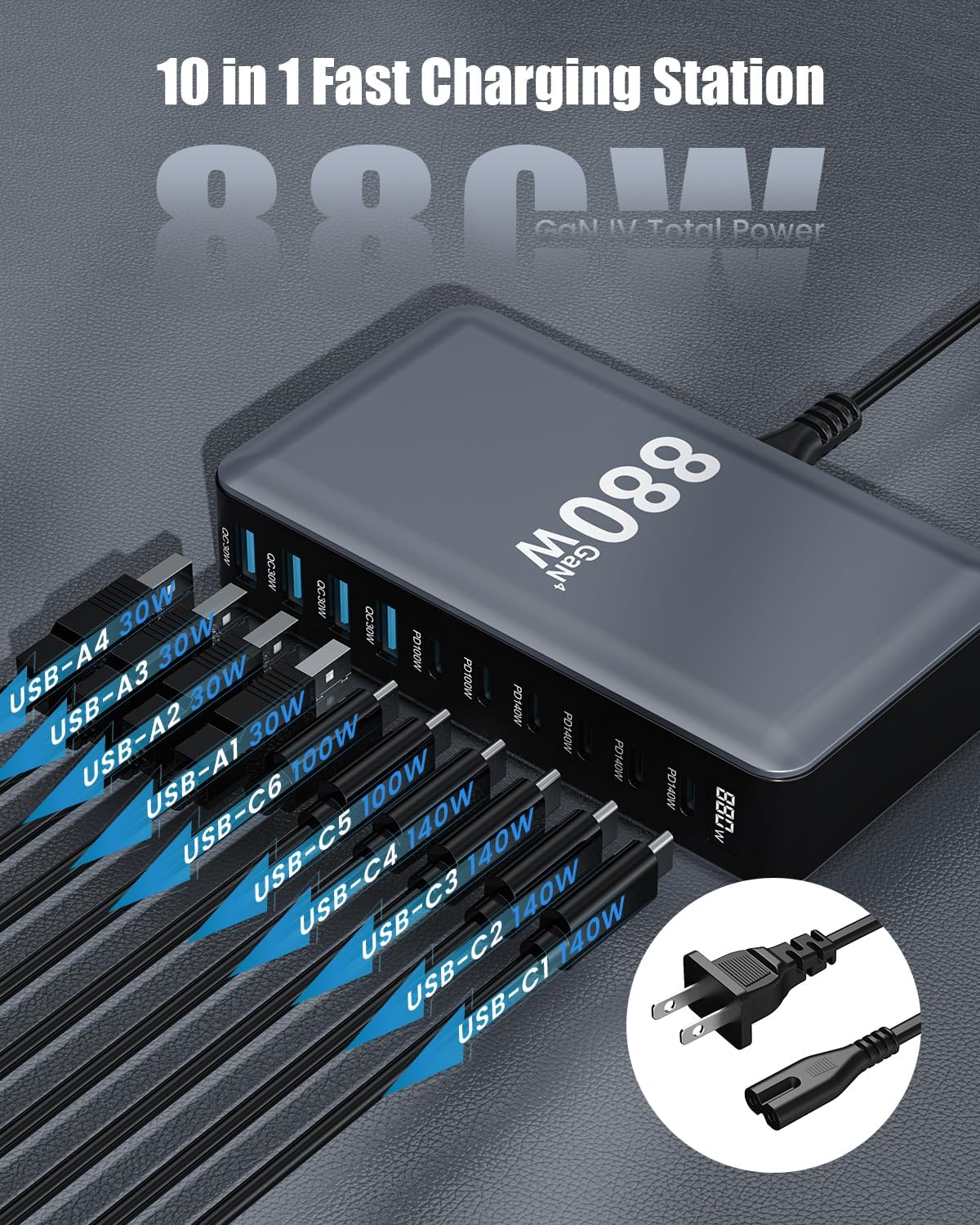 880W USB C Charger Block,10-Port USB C Charging Station GaN IV Travel Essentials Multiple Port Charging Station,140W Laptop Fast Charger Adapter for MacBook Pro/Air,DELL,iPad,iPhone,Samsung Galaxy