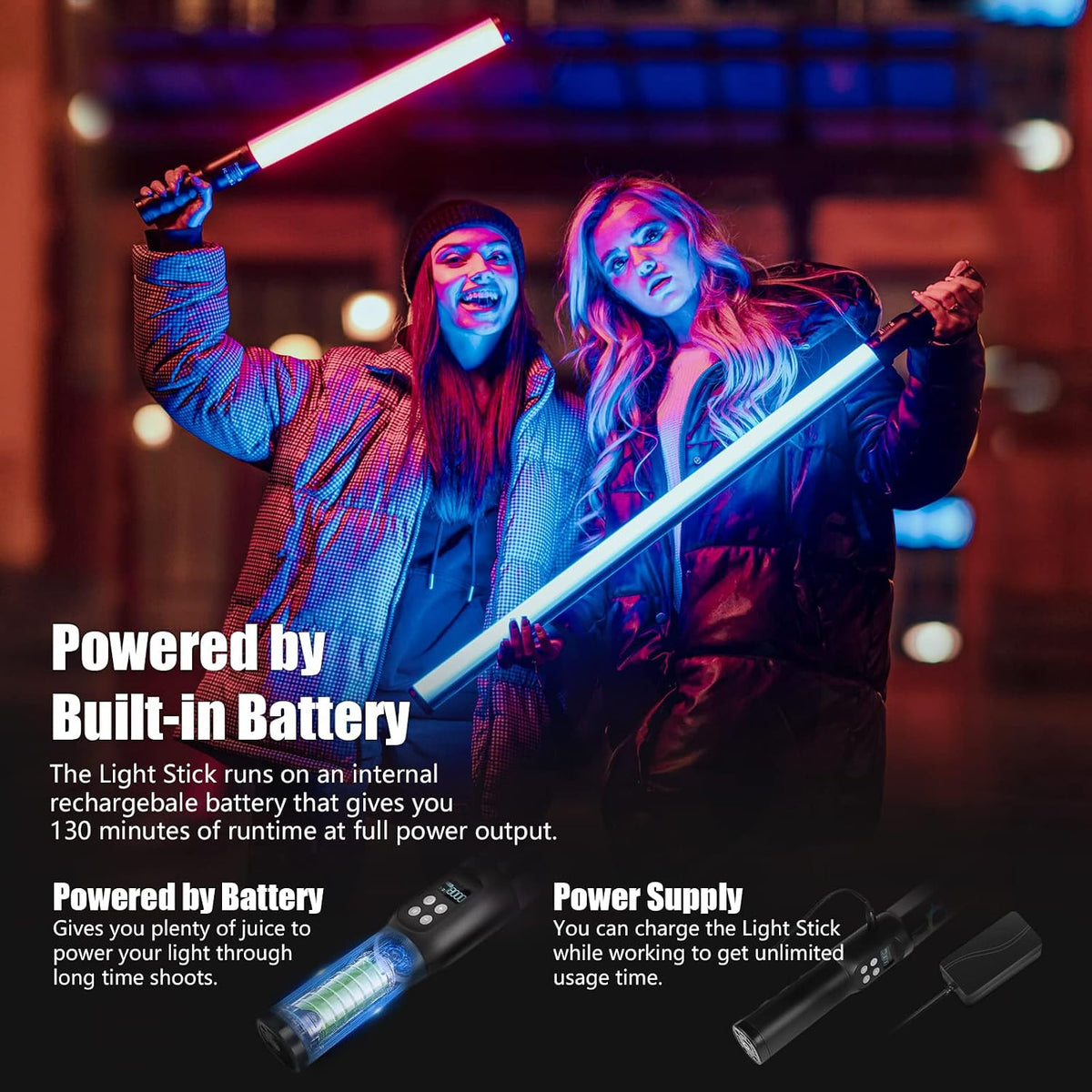 Mettlelite LS400C RGB LED Light Stick Full Color Continuous Output Video Light 2 ft with APP Control 2800K-8000K CRI96 TLCI97 RGB CCT HSI 10 Customizable Light Effects Built in Rechargeable Battery