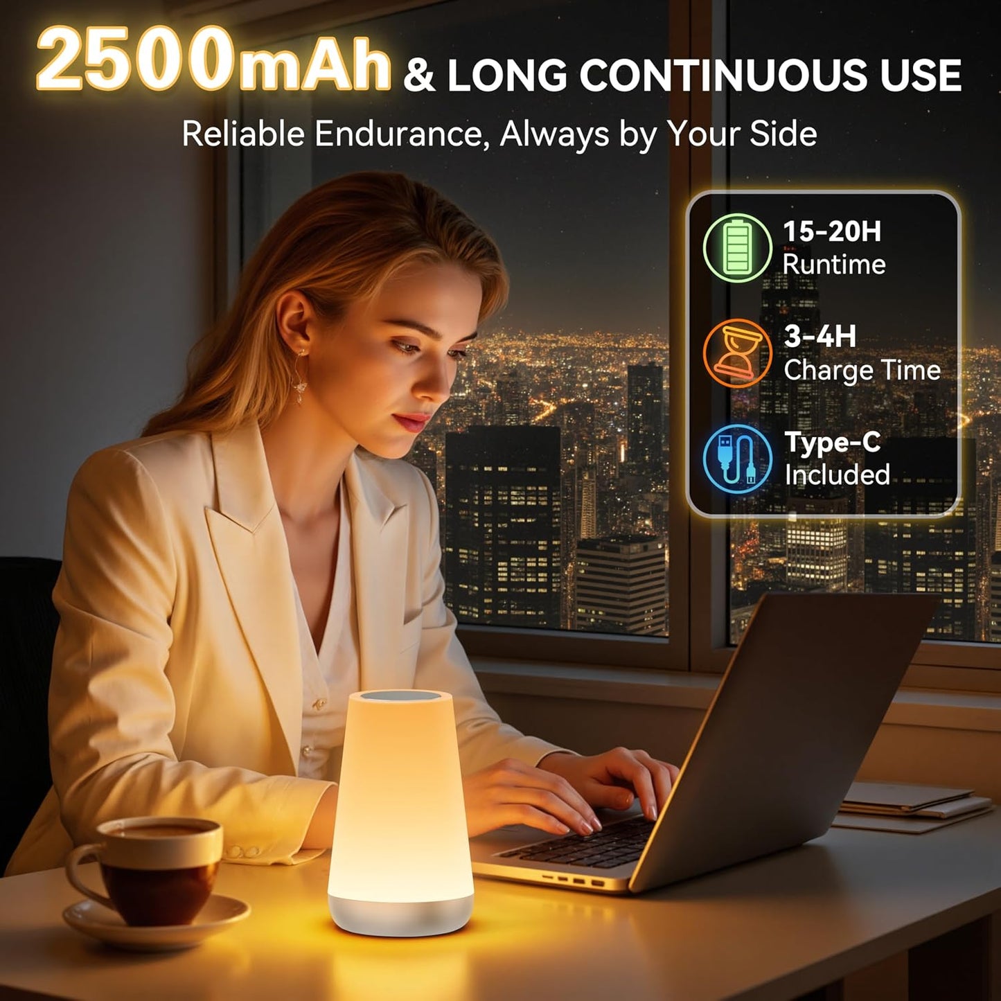 Auxmir Rechargeable Night Light, 13-Color Remote Control Lamp, Silver | touch control, 13 colors, 5 brightness levels, 4 lighting modes, 1/2/4/6-hour auto-off, portable for nursery and camping