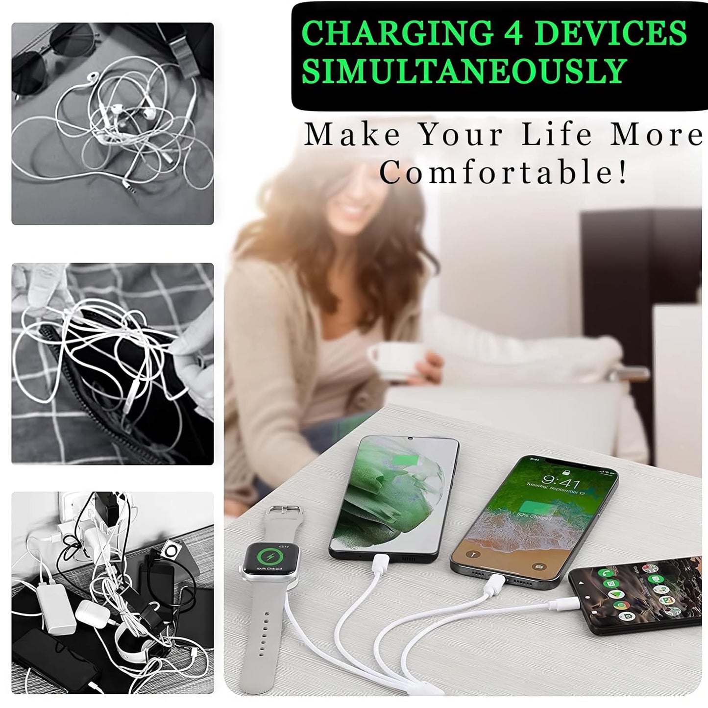 TOP-UP 4 in 1 Watch & Phone Charger Cable – Travel Essentials Multi Charging Cable for Apple Watch, iPhone, USB-C & Micro, Multi Device Charger Cord, 4FT