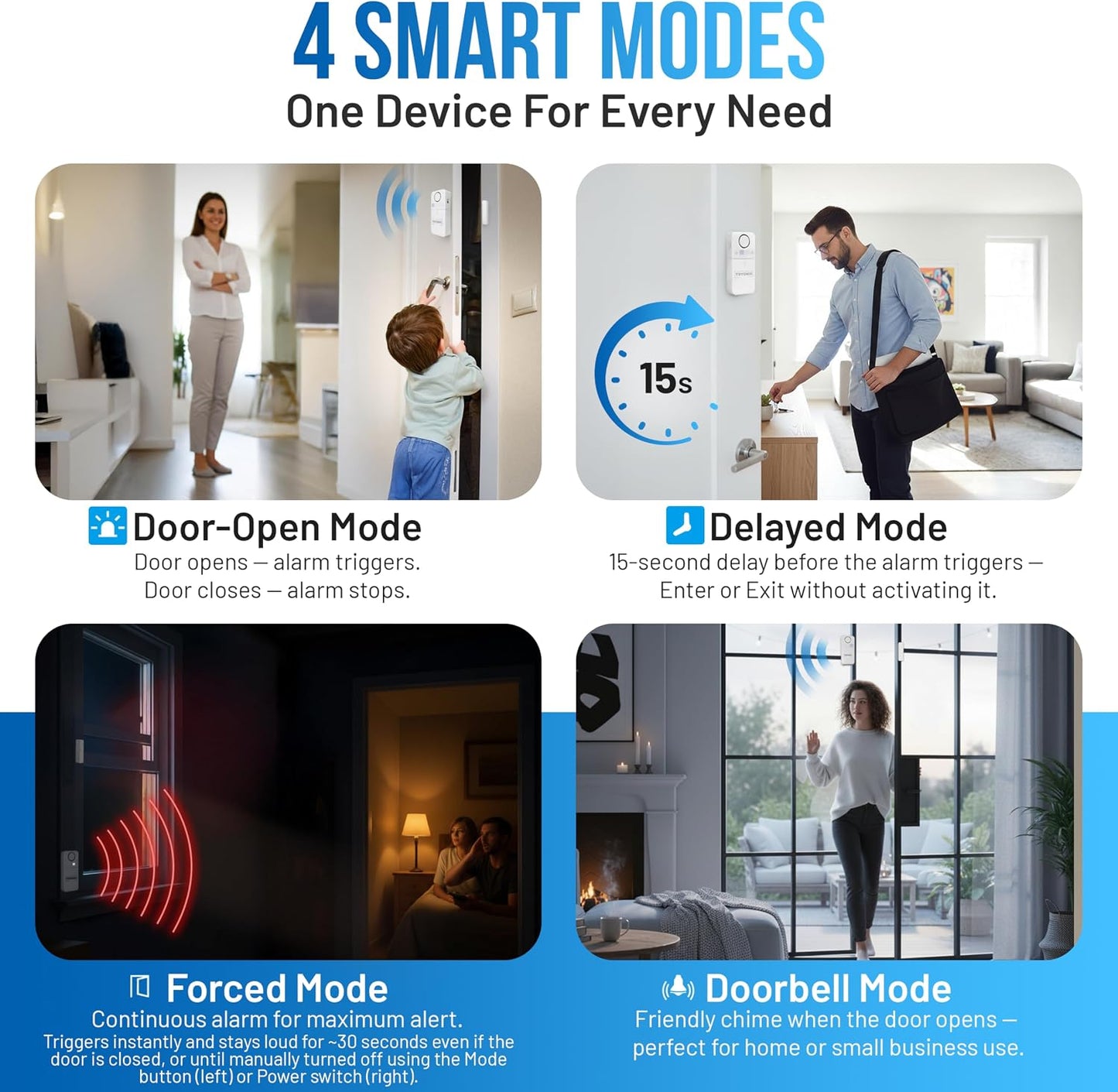 Door Alarms When Opened for Kids & Elderly – 130 dB Loud Door & Window Alarm, 1.2” Wide Gap Sensor, Instant & Delay Alerts, 3 Volume Levels, AAA Batteries Included, Low Battery Alert, 2 Pack