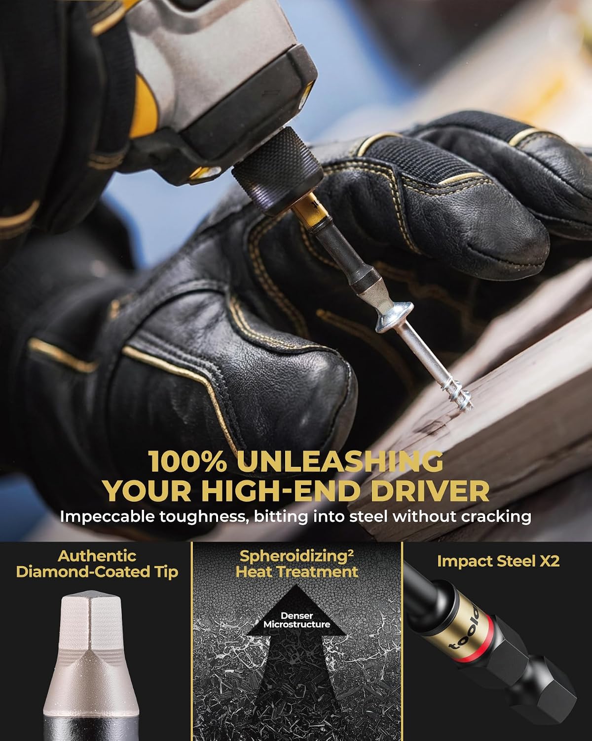 toolant SQ2 2" Magnetic Square Impact Bits, 10-Piece Set | Impact Steel X2 and CNC-machined micro-textured tips help resist cam-out under torque.