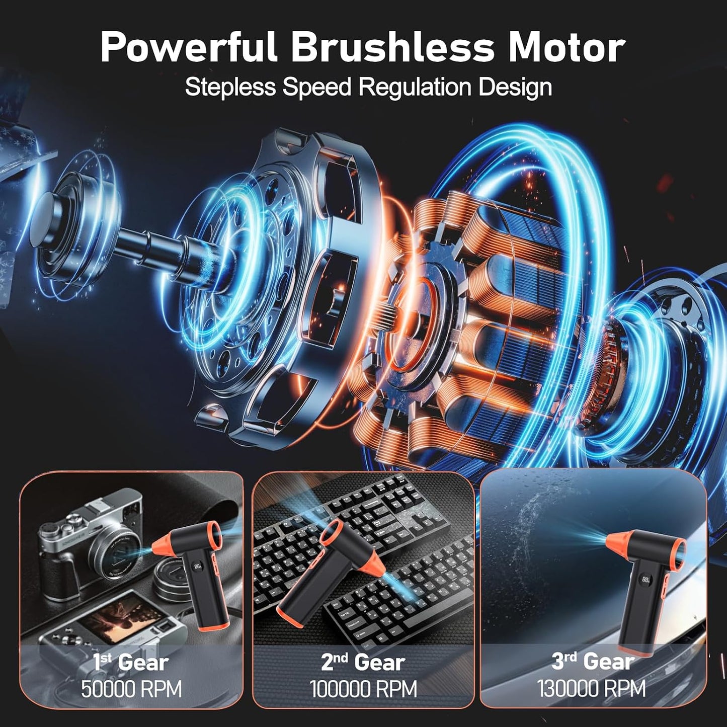 Compressed Air Duster Rechargeable Electric Air Duster for PC Keyboard Mini Dust Blower 130000RPM Cordless Air Blower Jet Dryer Turbo Fan Handheld Blower for Car Home Office, Black-Orange