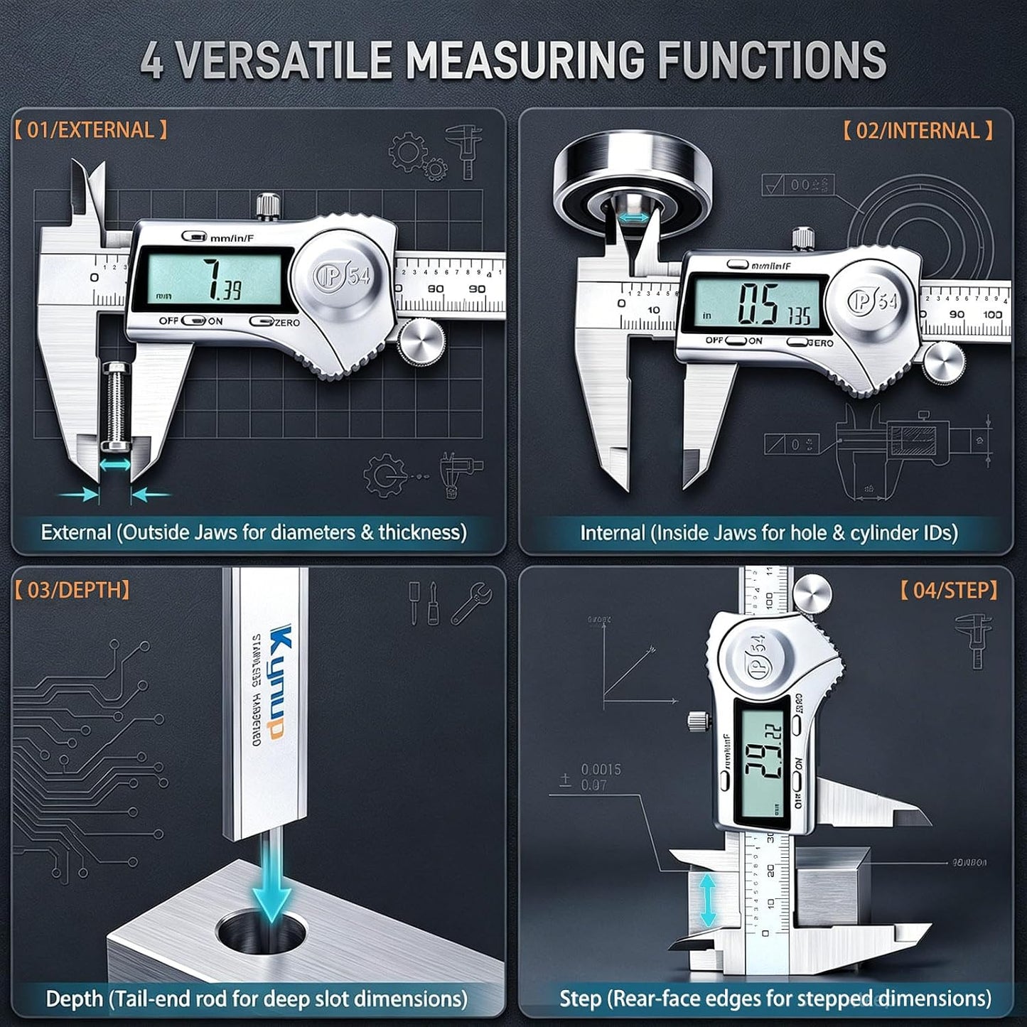 Kynup Digital Caliper, Caliper Measuring Tool, Stainless Steel Micrometer | 6 Inch Dial Vernier Caliper Tool, Inch/Metric/Fraction Conversion, Auto-Off & IP54 Splash Proof for DIY & Industrial Use