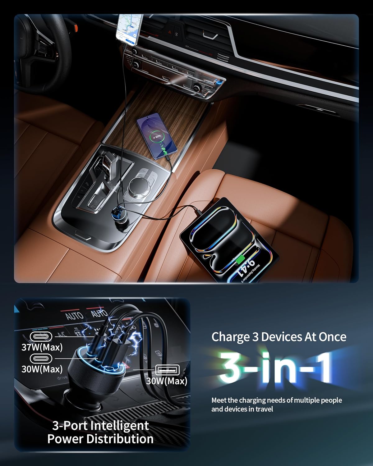 USB C Car Charger, 3Port 67W Dual USBC & USB-A Car Phone Fast Power Adapter | Fast Charging Cigarette Lighter Accessories, for iPhone 17/16/15/14/13/12/11 Pro Max,iPad, Galaxy S26/S25/S24,Pixel, Android