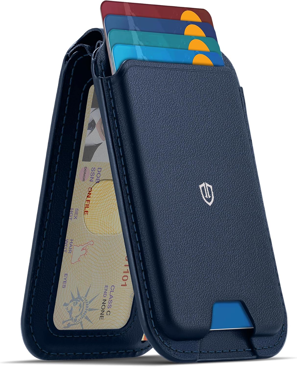 SHIELDON Genuine Leather Magnetic Wallet Stand for MagSafe, Navy Blue | Strong Magnetic, 6 Card Holders, Kickstand, Rfid Blocking, Quick-access, ID Window, for iPhone 17/16/15/14/13/12 Series