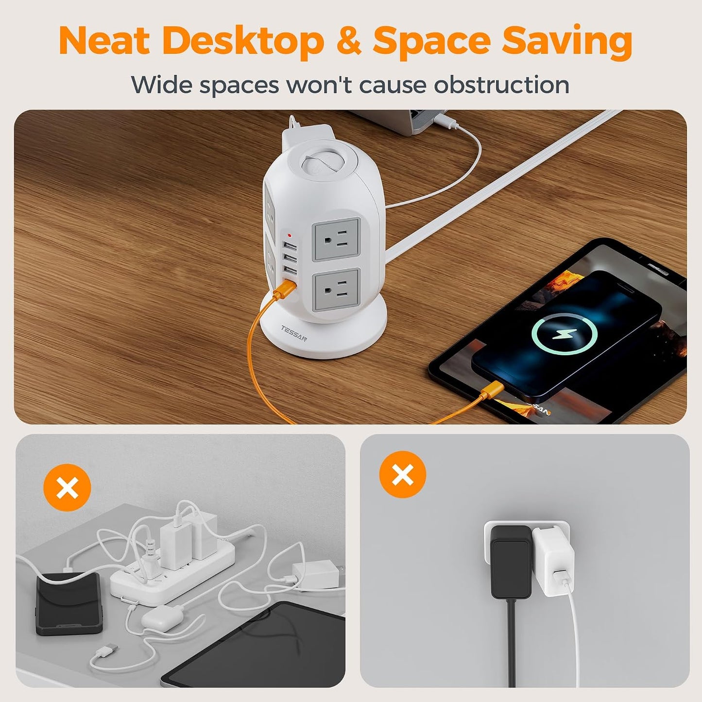 TESSAN Tower Surge Protector Power Strip, 10 ft Long Flat Extension Cord | 8 AC Outlets with 4 USB Ports (1 USB C), Charging Station with Surge Protection, for Home Office Dorm Room Essentials