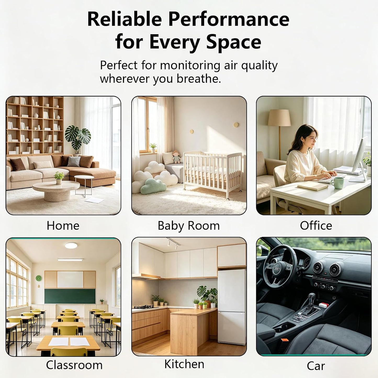 6-in-1 Air Quality Monitor, Smart Indoor CO2 Detector & HCHO TVOC AQI Tester, Accurate Temperature Humidity Meter with Color Display for Home, Bedroom, Office, Car, USB Powered
