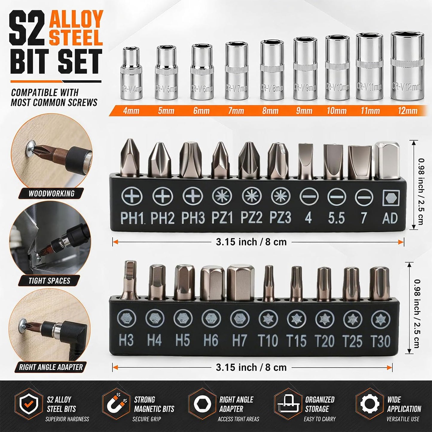 39PCS Flexible Drill Bit Extension Set | Includes 105° Right Angle Adapter, 4-12mm Metric Sockets, Screwdriver Bits, Double Head Drive with Storage Case