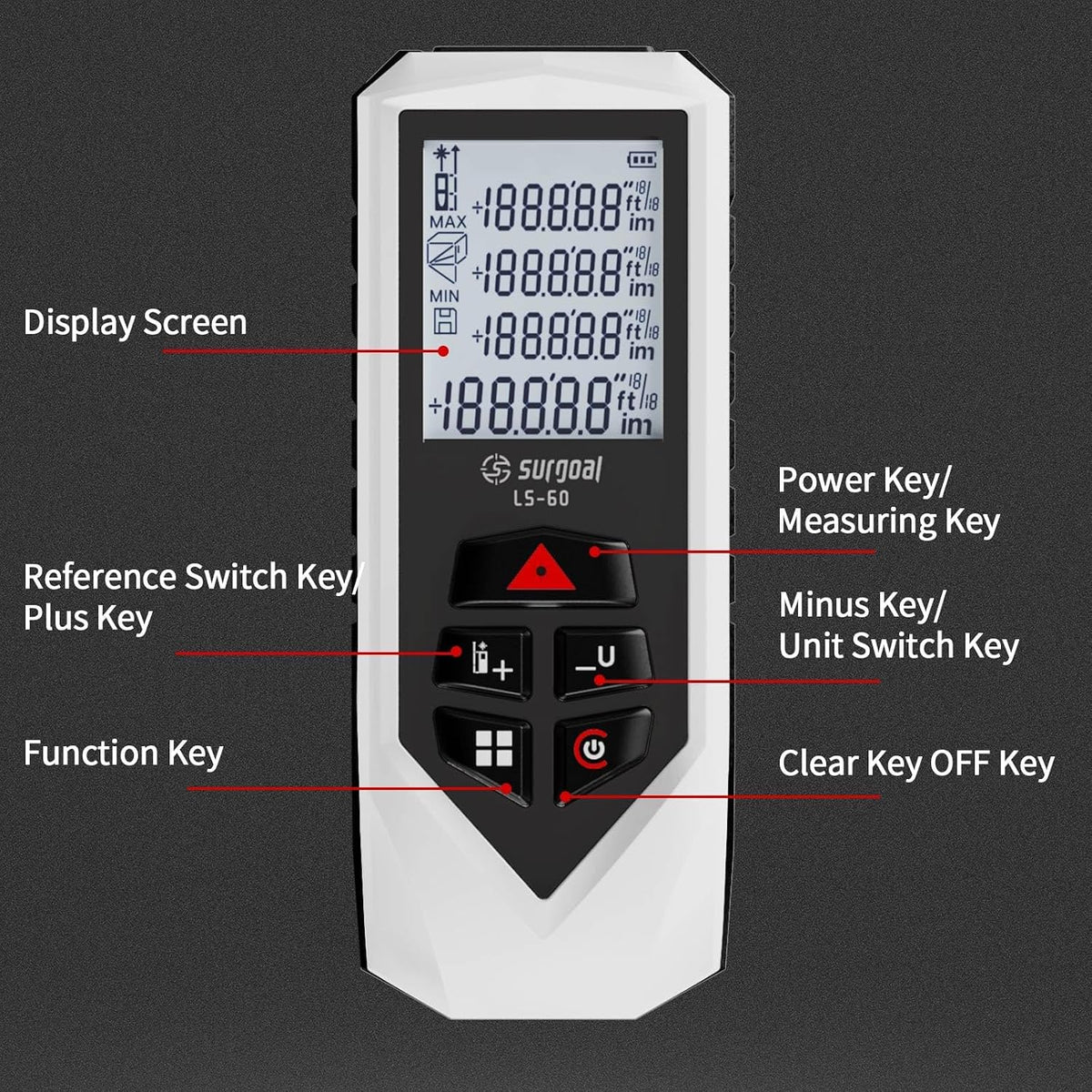 Laser Distance Measure Backlit LCD Measuring Tool 196FT | ±2mm Accuracy M/in/Ft, Area / Volume / Pythagorean, Includes AA Batteries, Home Decor, DIY Woodworking Indoor Projects Gift