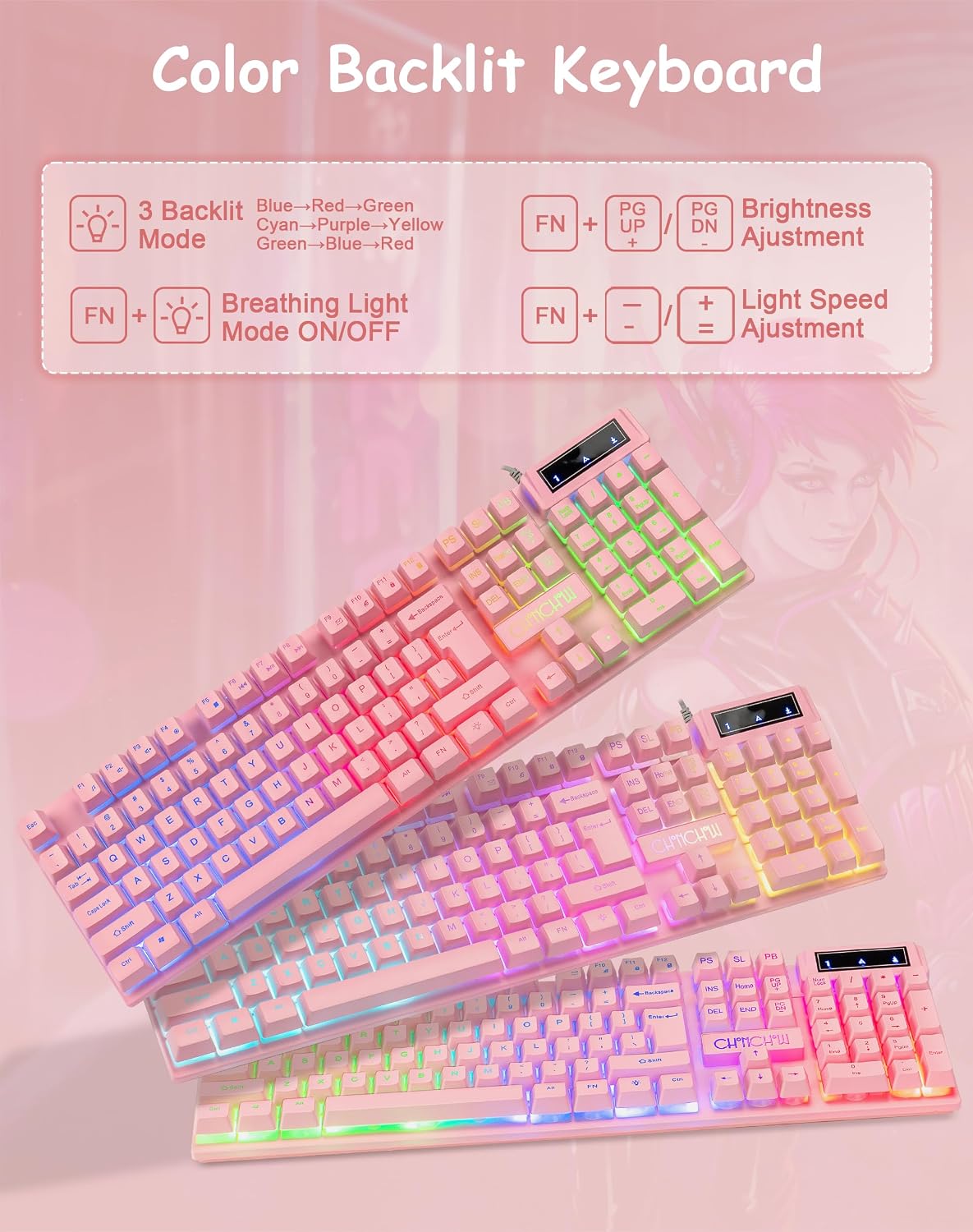 Light Up Cute Pink Gaming Keyboard, 3 Color LED Backlit for PC Computer PS5 | 19 Keys Anti-Ghosting, Multimedia Function Keys, 104 Keys Full Size, Number Pad, USB Wired Creamy Keyboard for Desktop Laptop