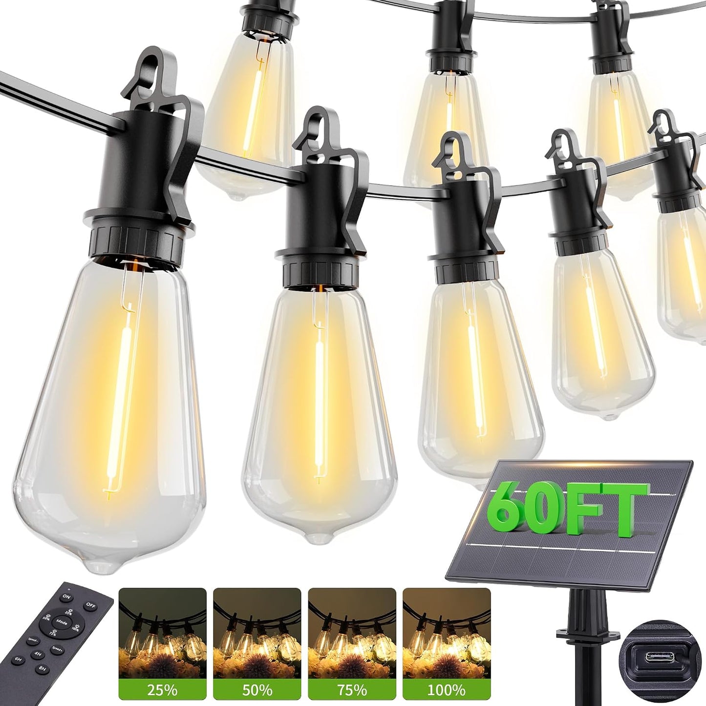 60FT Solar String Lights Outdoor Waterproof with Remote,Shatterproof ST38 20 LED Bulbs,2700K Dimmable Solar Lights Outdoor,Outside Hanging Lights for Patio,Garden,Camping,Deck,Backyard Decor