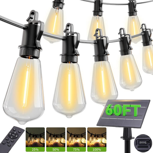 60FT Solar String Lights Outdoor Waterproof with Remote,Shatterproof ST38 20 LED Bulbs,2700K Dimmable Solar Lights Outdoor,Outside Hanging Lights for Patio,Garden,Camping,Deck,Backyard Decor