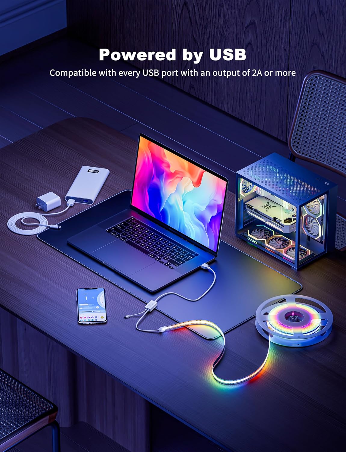 PAUTIX RGB Smart IC USB LED Light,5V RGB COB LED Strip USB Powered,UL-Listed Multicolor Flexible Tape Light 6.56ft/2m with Music Mode/APP Control,for TV,Scooter,Computer Desk Decor