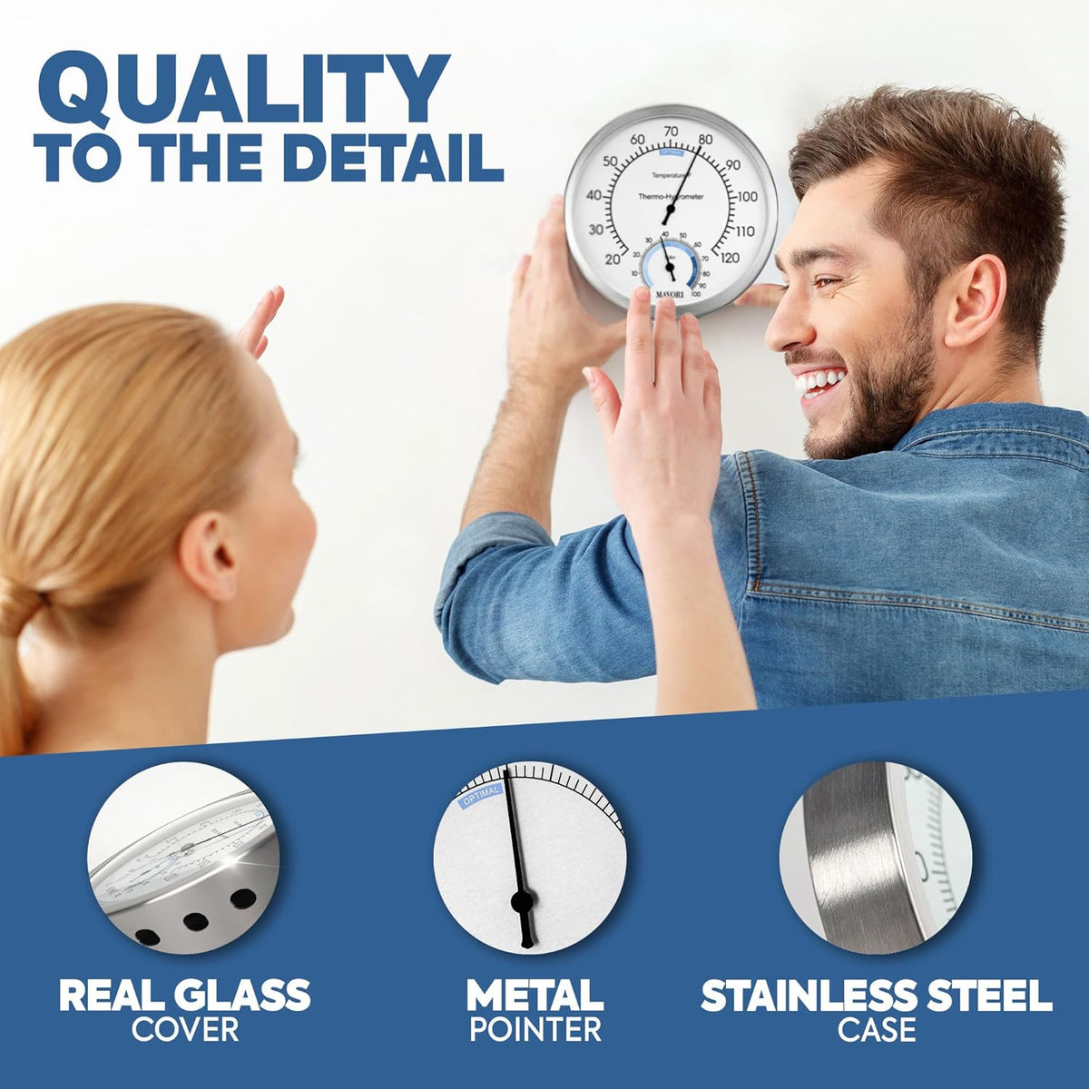 Analog Thermometer – Hygrometer – Thermometer for Indoor – Premium Stainless Steel Temperature Gauge Indicator – Battery Free Operated Temperature and Humidity Monitor – High Accuracy - Ø 12.5