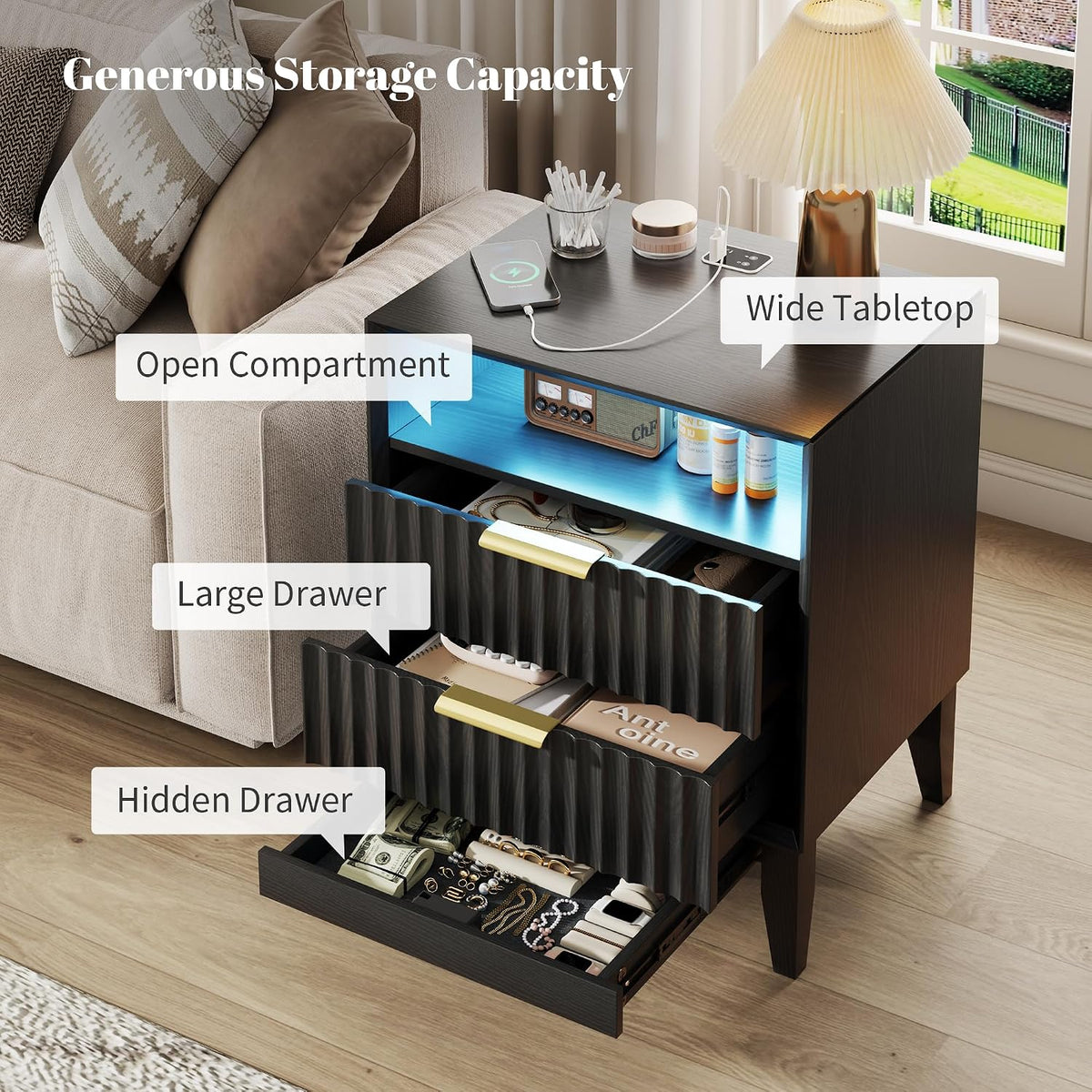 LVSOMT LED Nightstand Set of 2, RFID Lock, Charging Station, Black