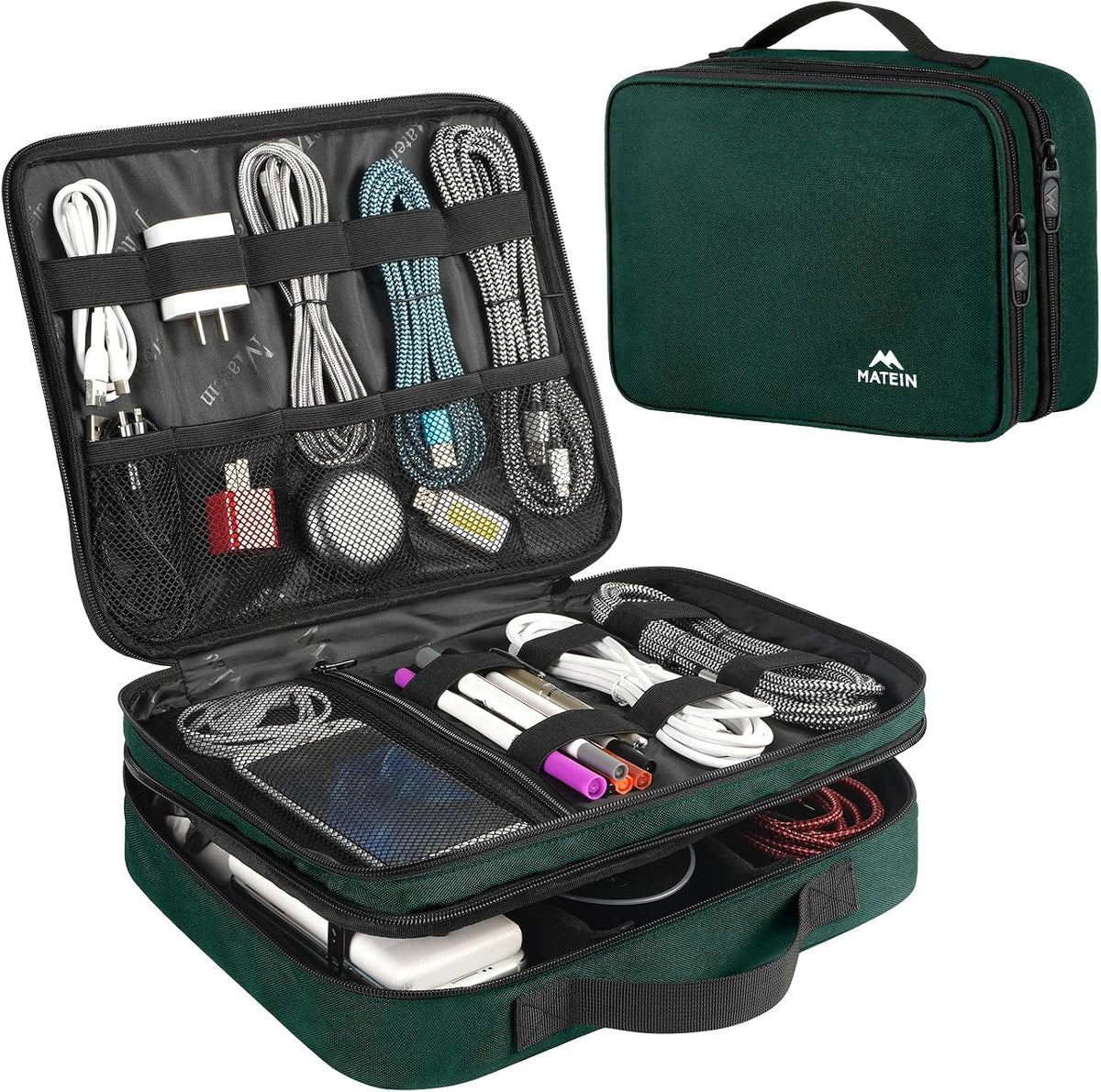 MATEIN Tech Organizer Travel Case, Large Water Resistant Cable Organizer | For Electronic Accessories, Sturdy Carrying Tech Bag, with Handle for Cord, Power Bank, Tablet (Up to 12.9inch), Peacock Blue